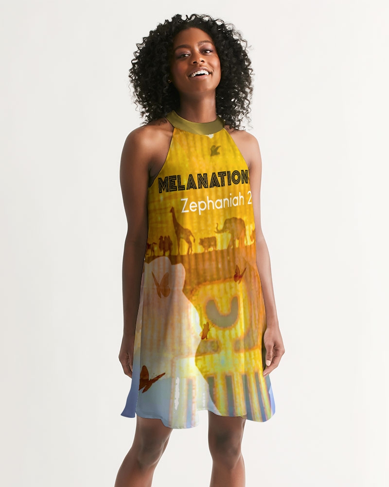 Melanation Halter Dress showcasing elegant design with pearl button back closure and lightweight chiffon fabric.