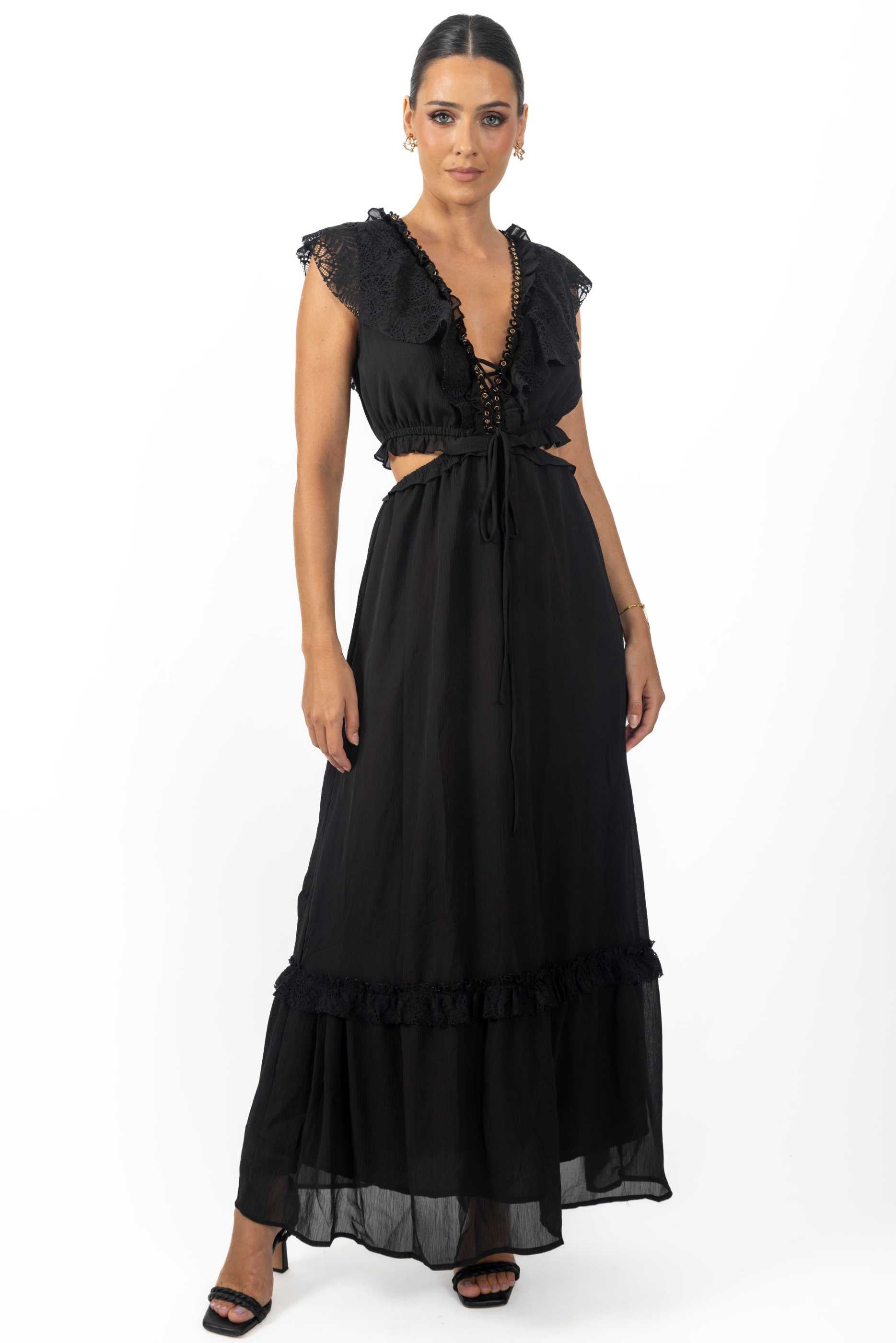 Miah Maxi Women's Dress in Black featuring lace-up detailing and interlocking straps, perfect for elegant occasions.