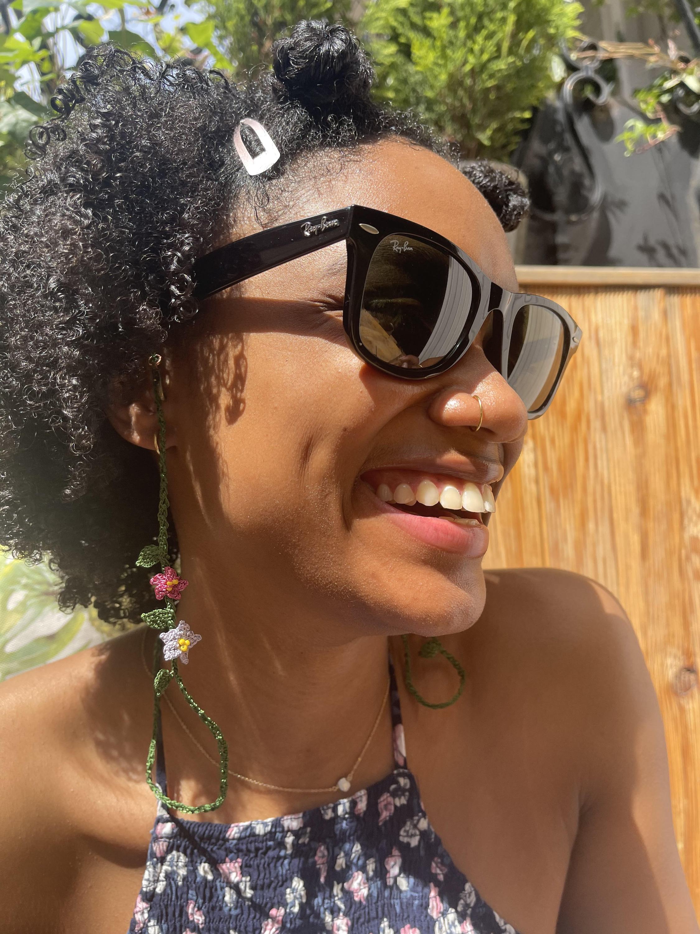 Hand-embroidered Montecito Sunglasses Chain with lobster fastenings, elegantly displayed.