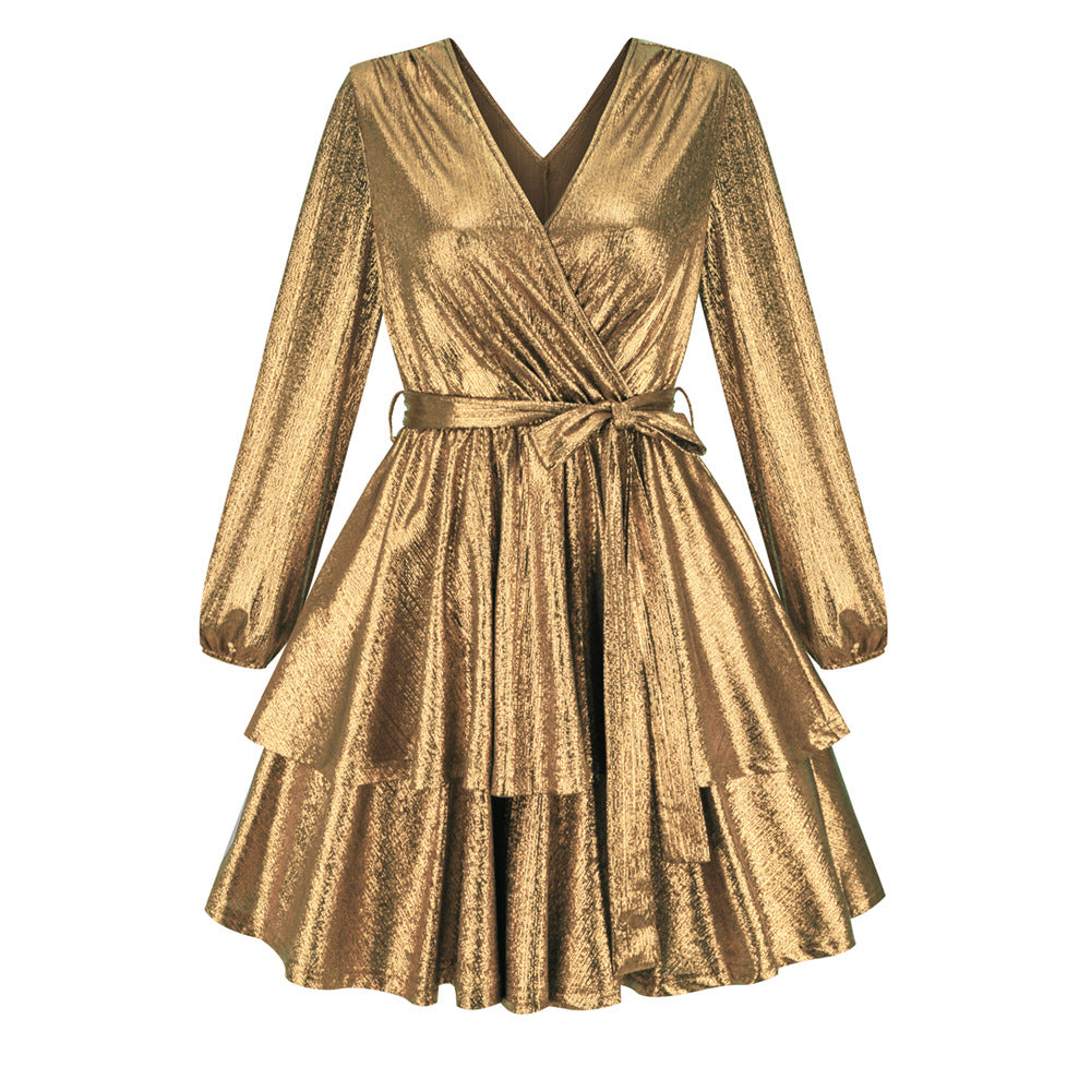 A stylish shiny dress skirt featuring a sexy double V-neck design, perfect for nightclub parties, showcasing its bronzing fabric and lantern sleeves.