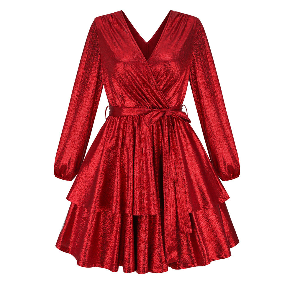 A stylish shiny dress skirt featuring a sexy double V-neck design, perfect for nightclub parties, showcasing its bronzing fabric and lantern sleeves.