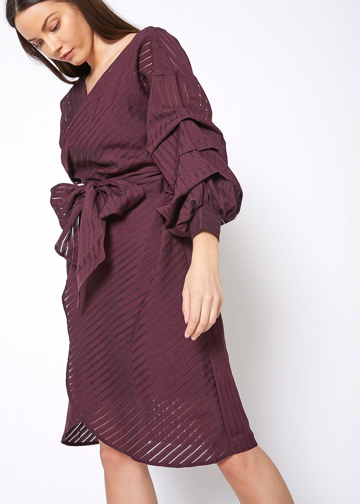 A stylish burgundy organza stripe wrap dress featuring gathered puffy sleeves, perfect for elegant occasions.