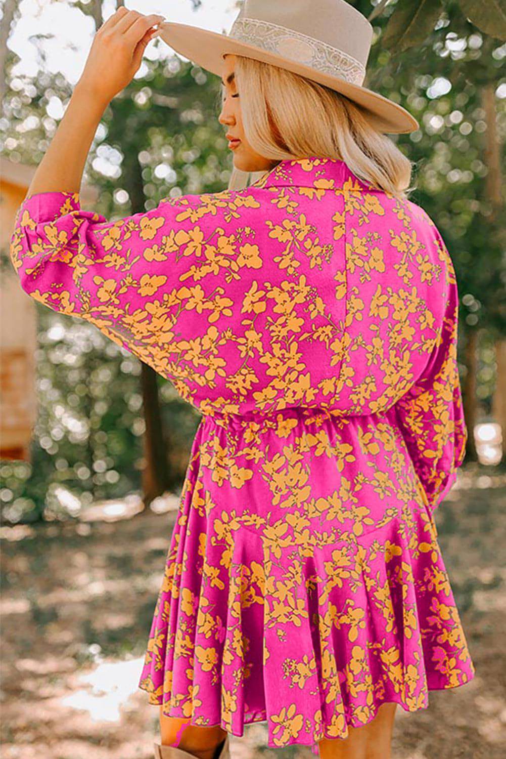 Main Pink Floral Print Drawstring Tunic Flowy Short Dress image