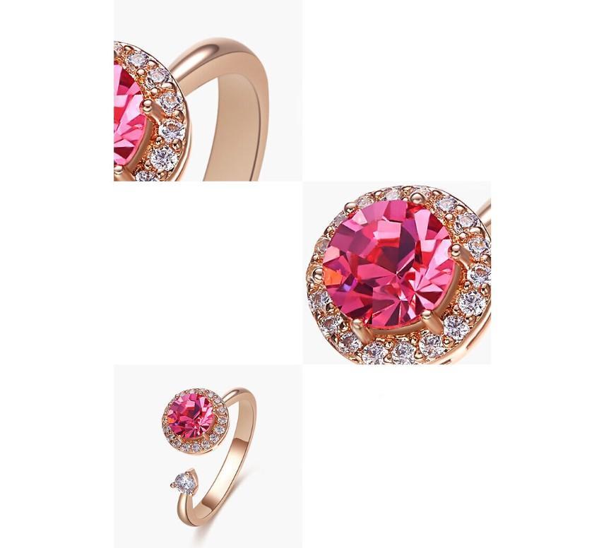 Elegant Pink Swarovski Elements Teardrop Ring in 14K rose gold plating, featuring a stunning pink crystal and floral design.