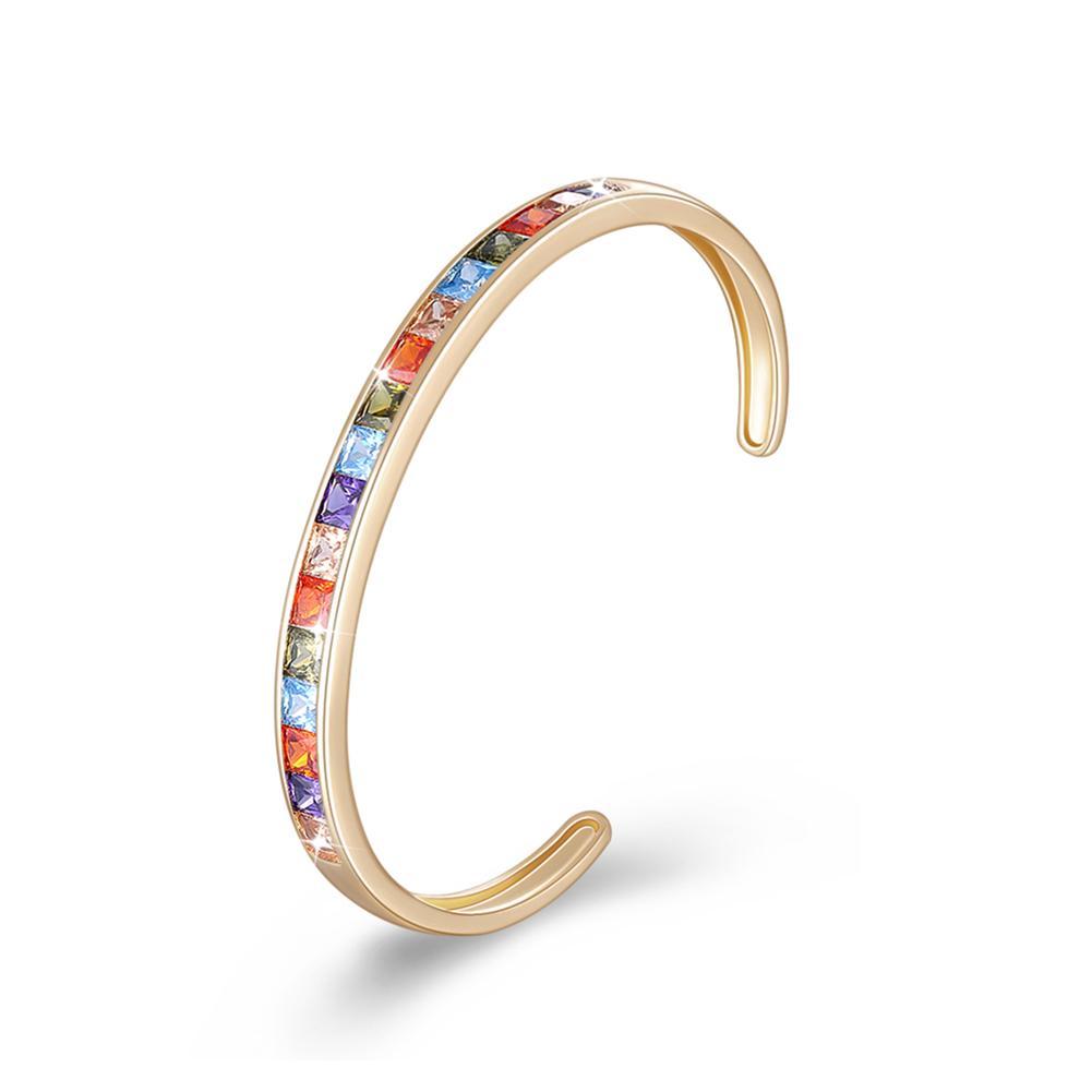 Elegant Princess Cut Swarovski Bangle in 14K Gold Rainbow, featuring certified crystals and a luxurious gold finish.