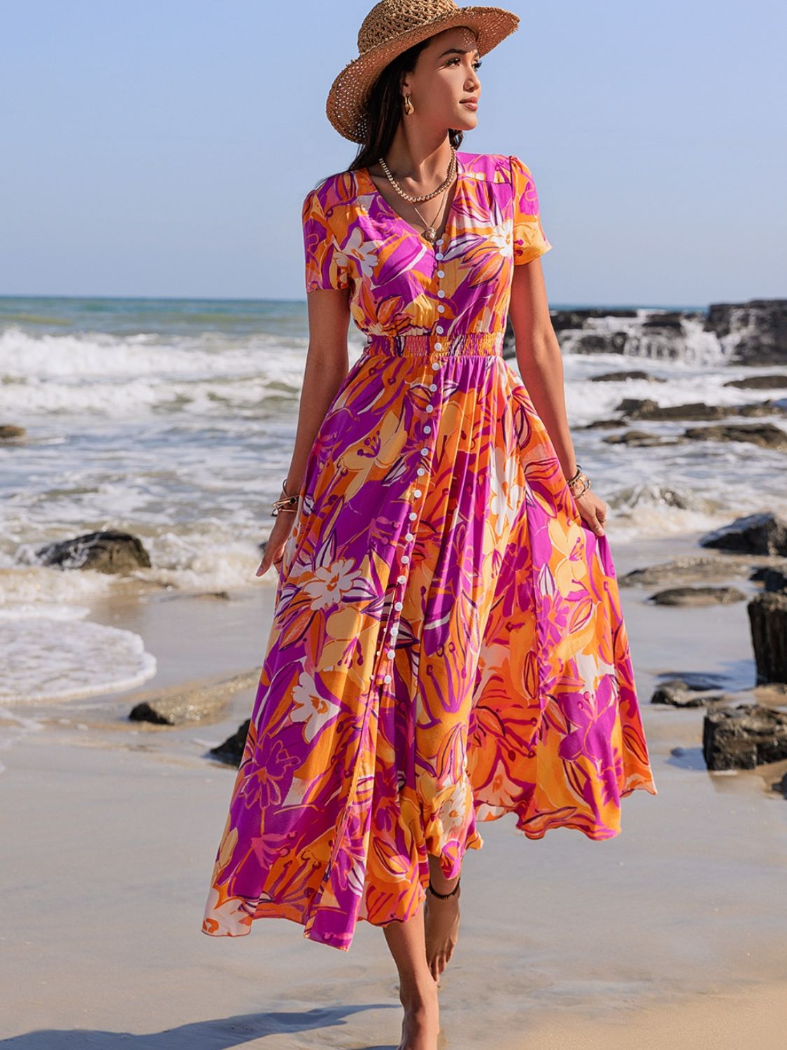 A stylish Printed V-Neck Short Sleeve Midi Dress featuring a vibrant print, buttoned front, and a slit, perfect for various occasions.