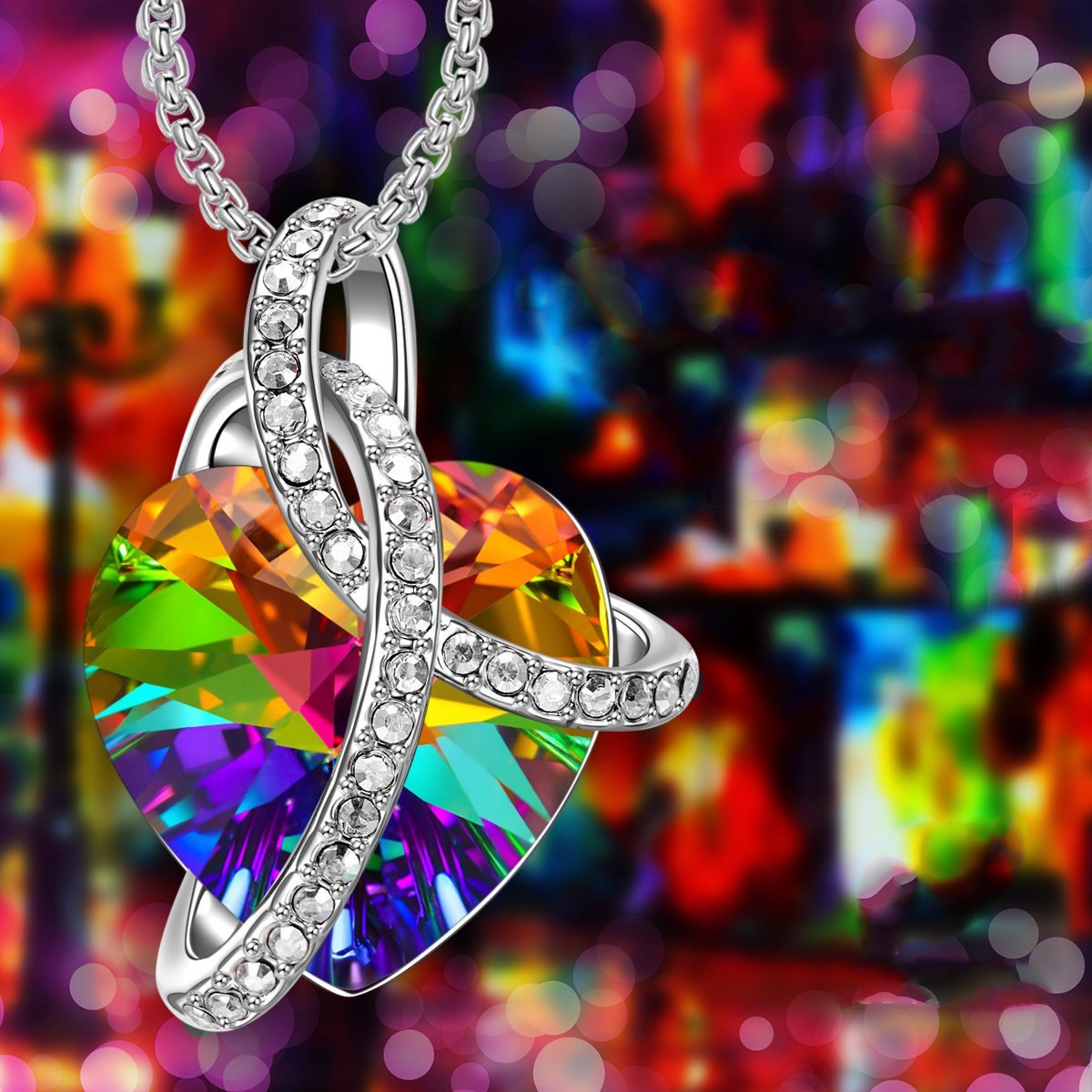 Rainbow Aurora Borealis Swarovski Heart Necklace featuring 18K white gold plating and a heart-shaped pendant with rainbow colors.