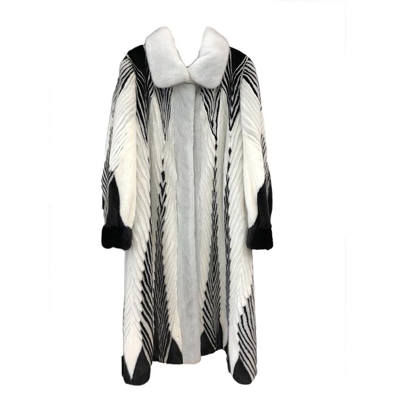 A luxurious women's real mink coat featuring a gradient striped design and V-neck collar, perfect for winter wear.