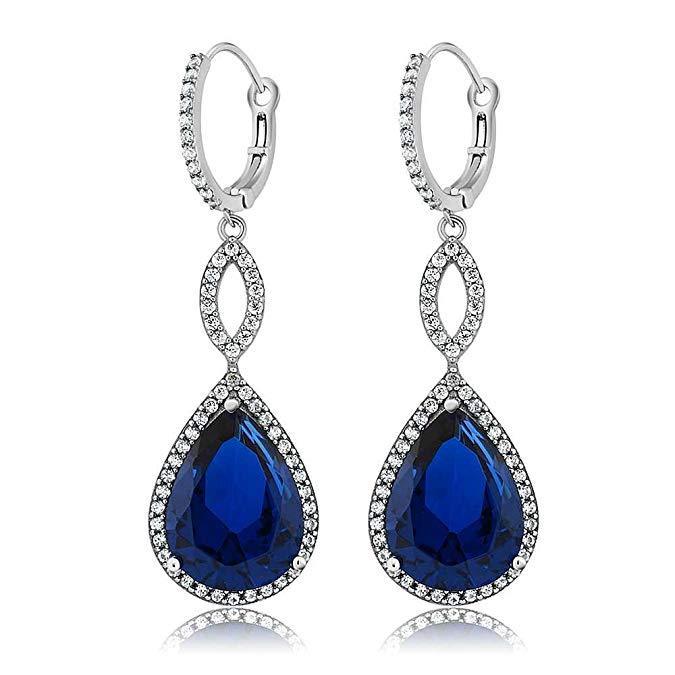 Elegant Sapphire Pave Teardrop Infinity Drop earrings embellished with certified Swarovski crystals, featuring a luxurious 18K white gold plating.