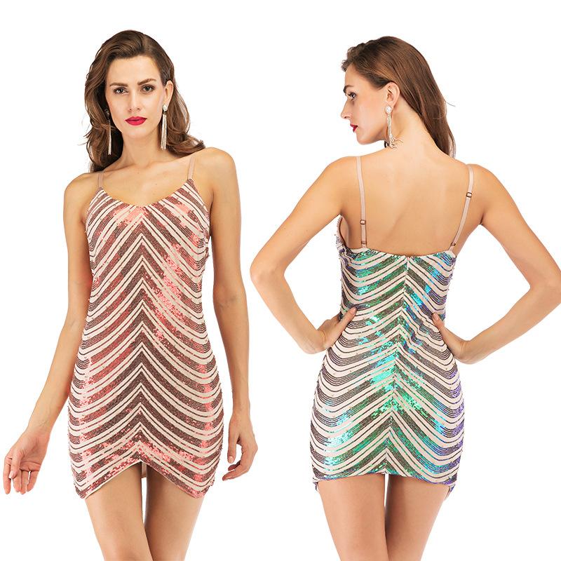 A glamorous sequin dress featuring a stretch sequin skirt, open back design, and beaded spaghetti straps, perfect for summer parties.