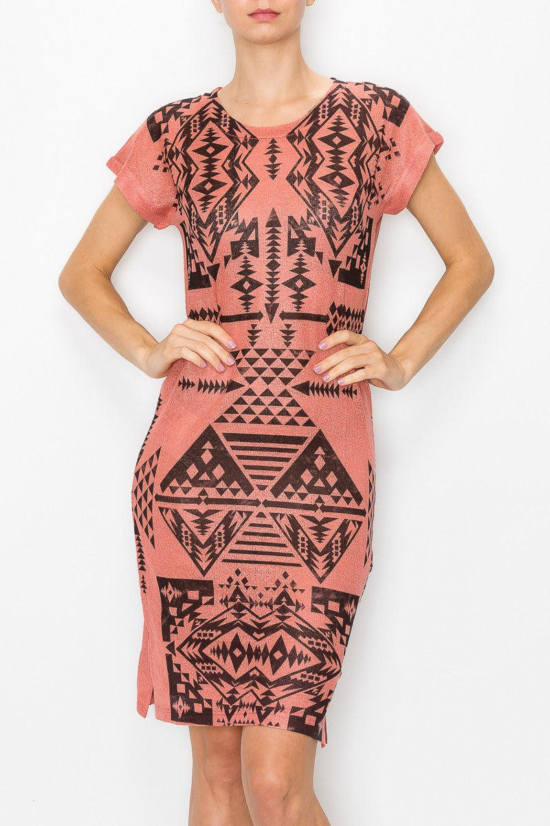 Short Sleeve Aztec Print Dress in Coral featuring a vibrant design and comfortable fit, perfect for casual outings.