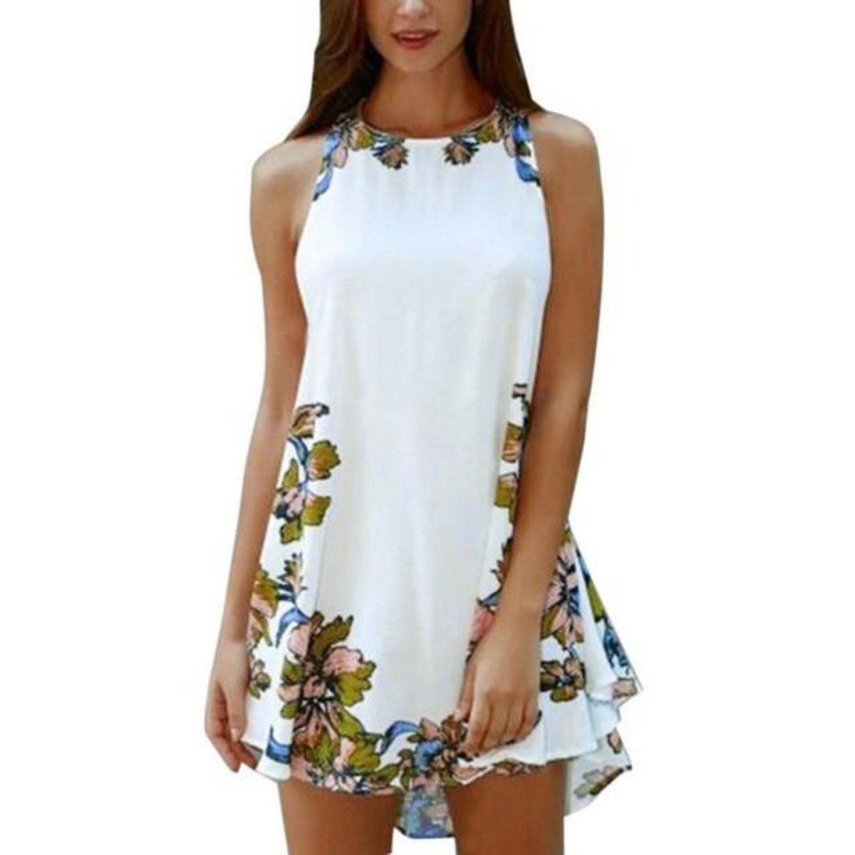 A stylish sleeveless one piece floral mini dress in white with vibrant floral patterns, perfect for summer outings.