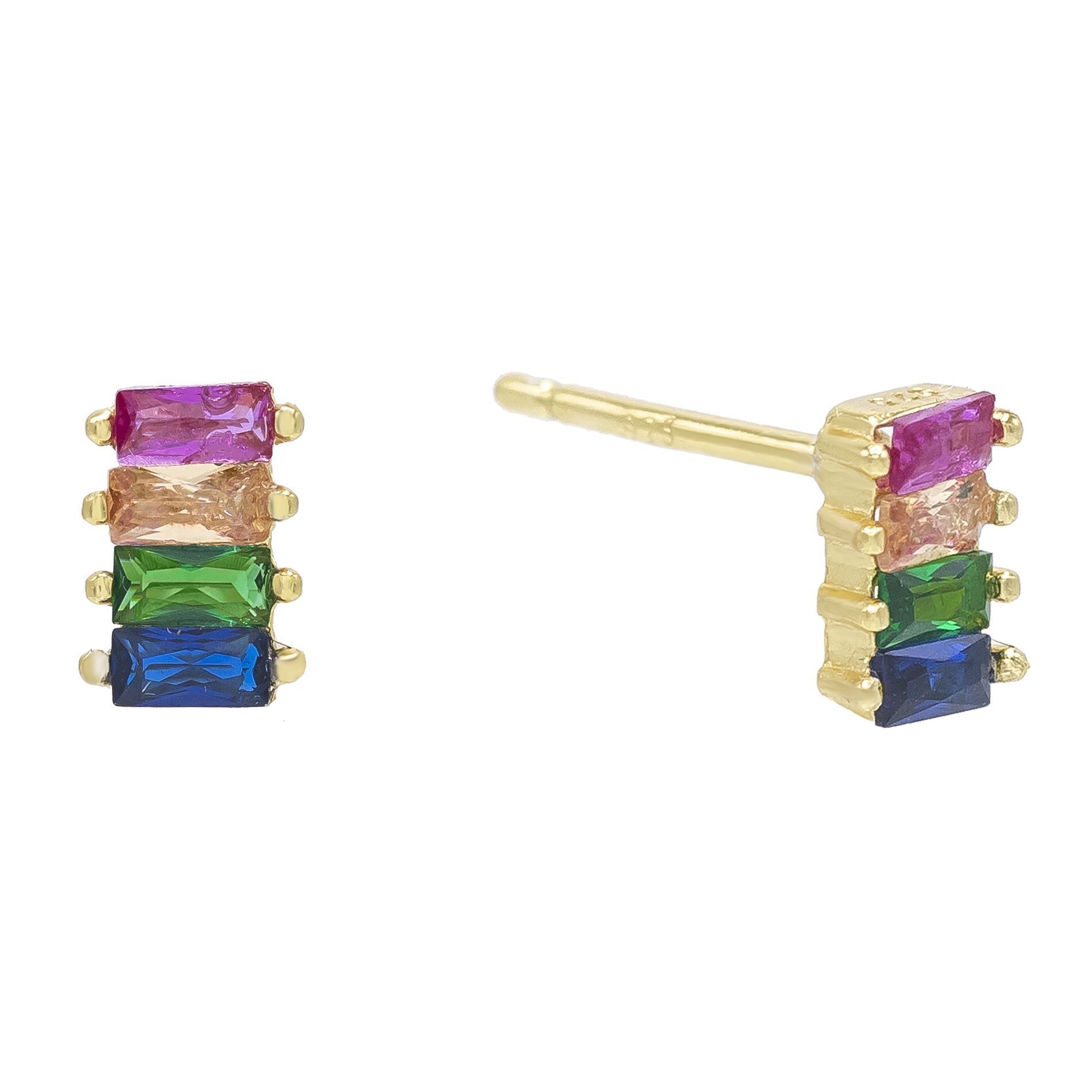 Elegant Stud Earring with 4 Stone Rainbow Baugette embellished with certified Swarovski crystals, featuring a luxurious 18K gold plated finish.