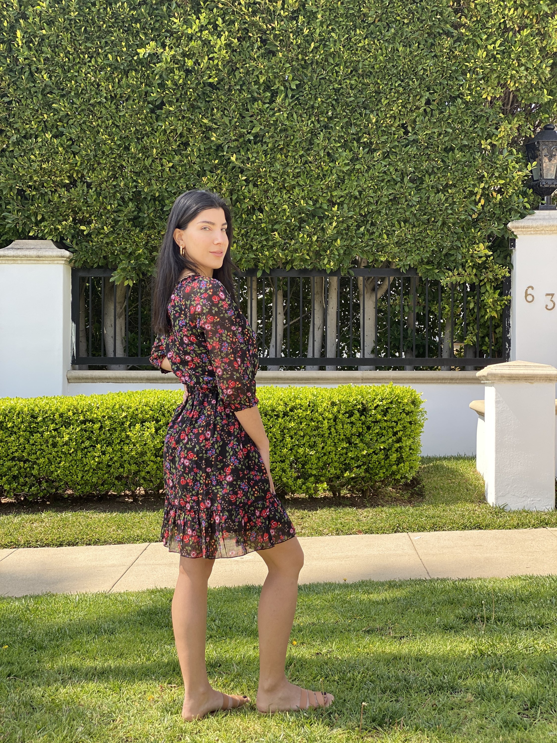 VIRGO Mini Dress in Gemma Black featuring floral print and V-neck design, made from 100% cotton.