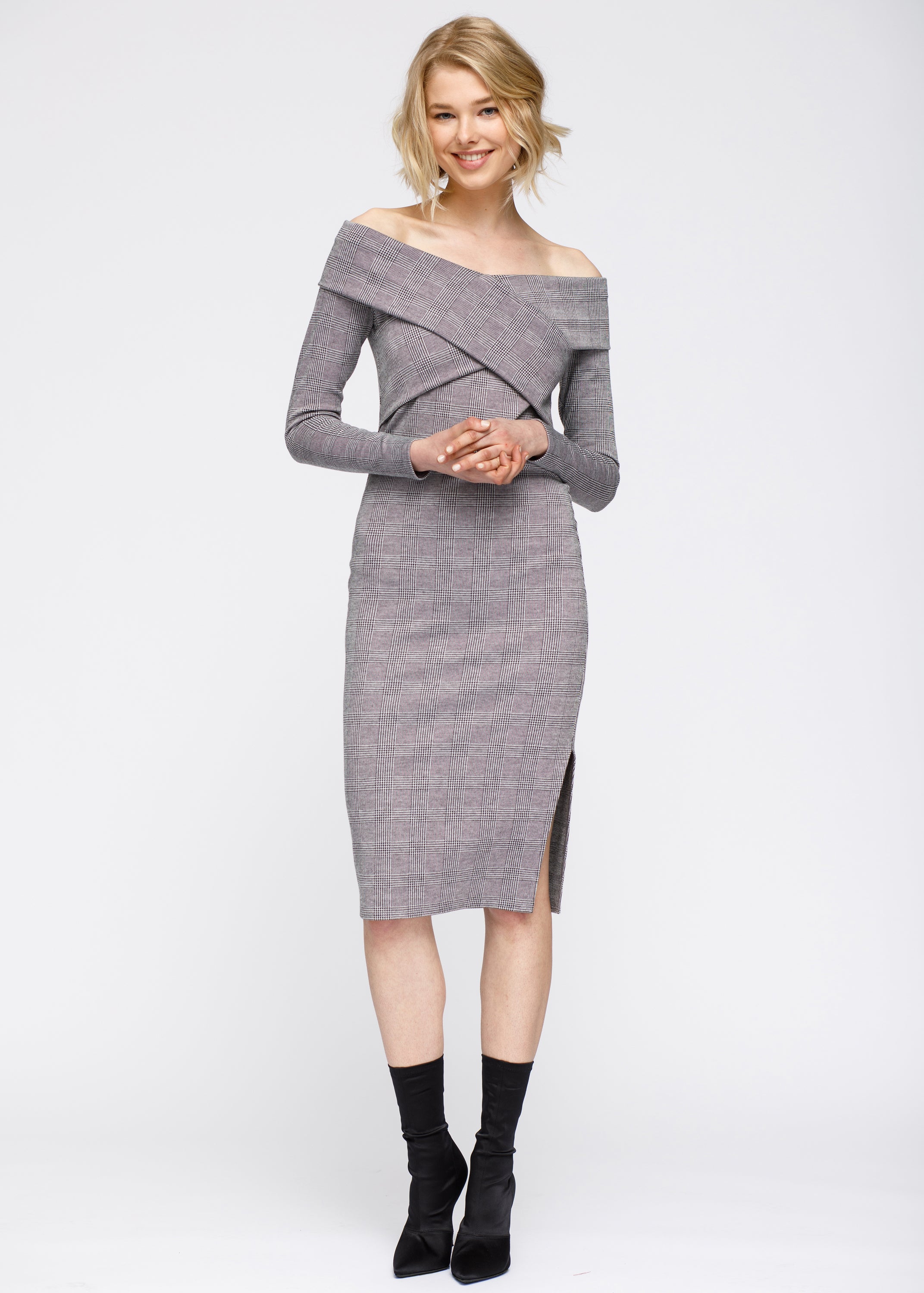 Women's Glen Plaid Off Shoulder Crisscross Dress in Grey Black, featuring a stylish plaid pattern and elegant design with a side slit.