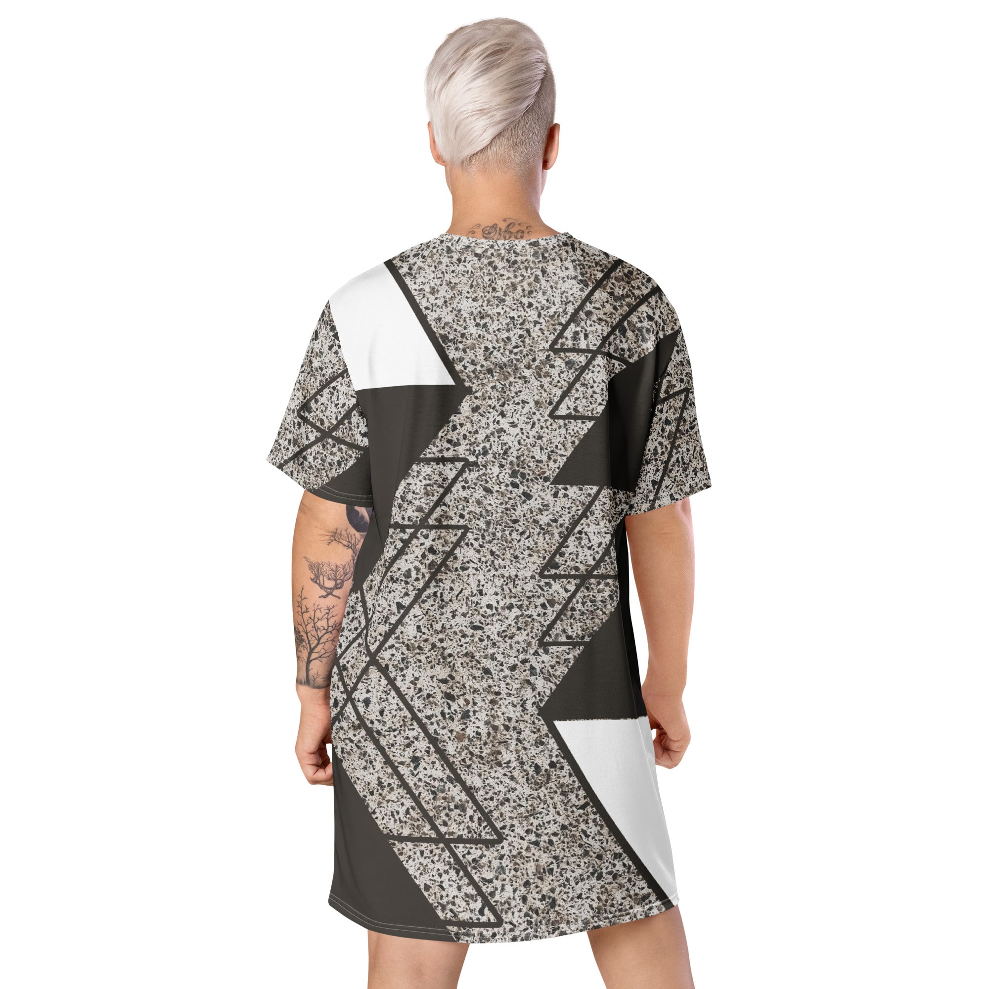 Womens Graphic T-shirt Dress featuring a brown and white triangular colorblock design, showcasing its oversized fit and stylish look.