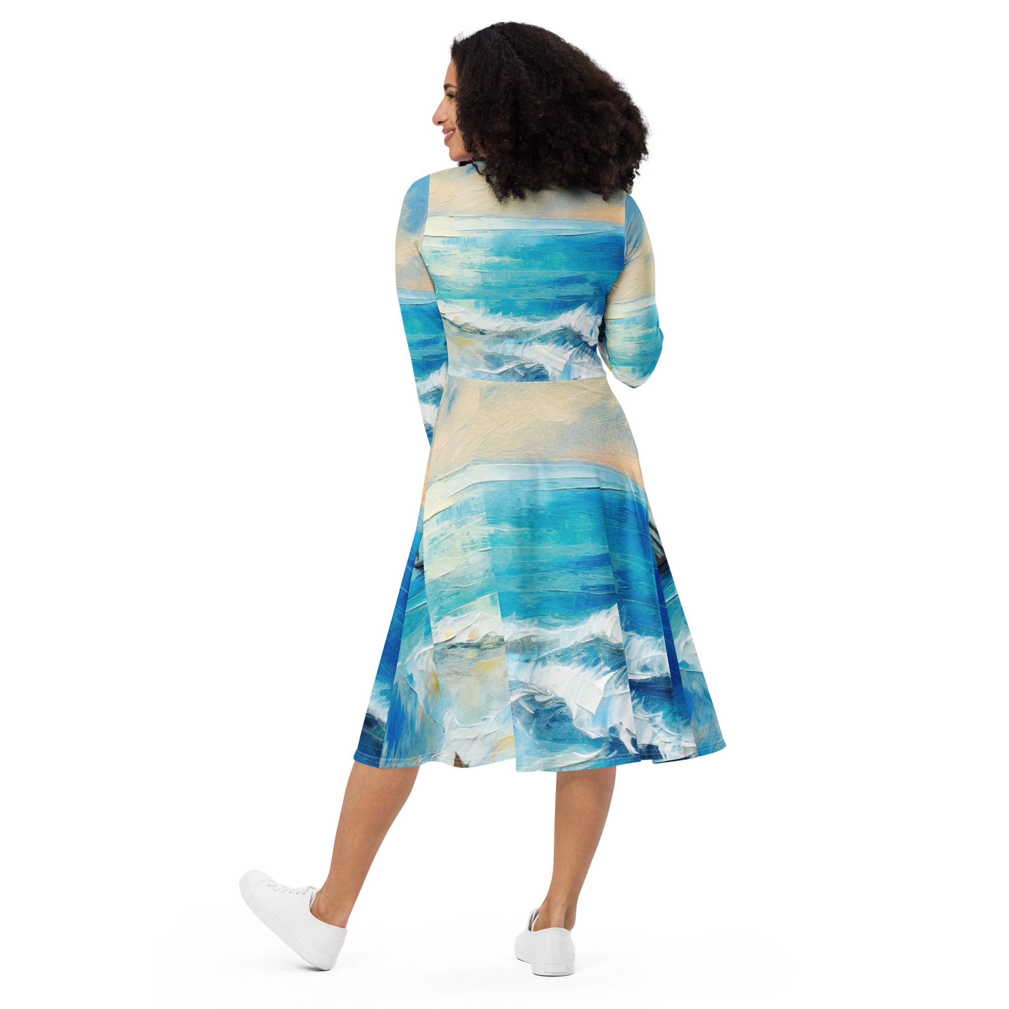 Womens Long Sleeve Midi Dress featuring a Blue Ocean Print, showcasing a fitted waist, flared bottom, and side pockets.