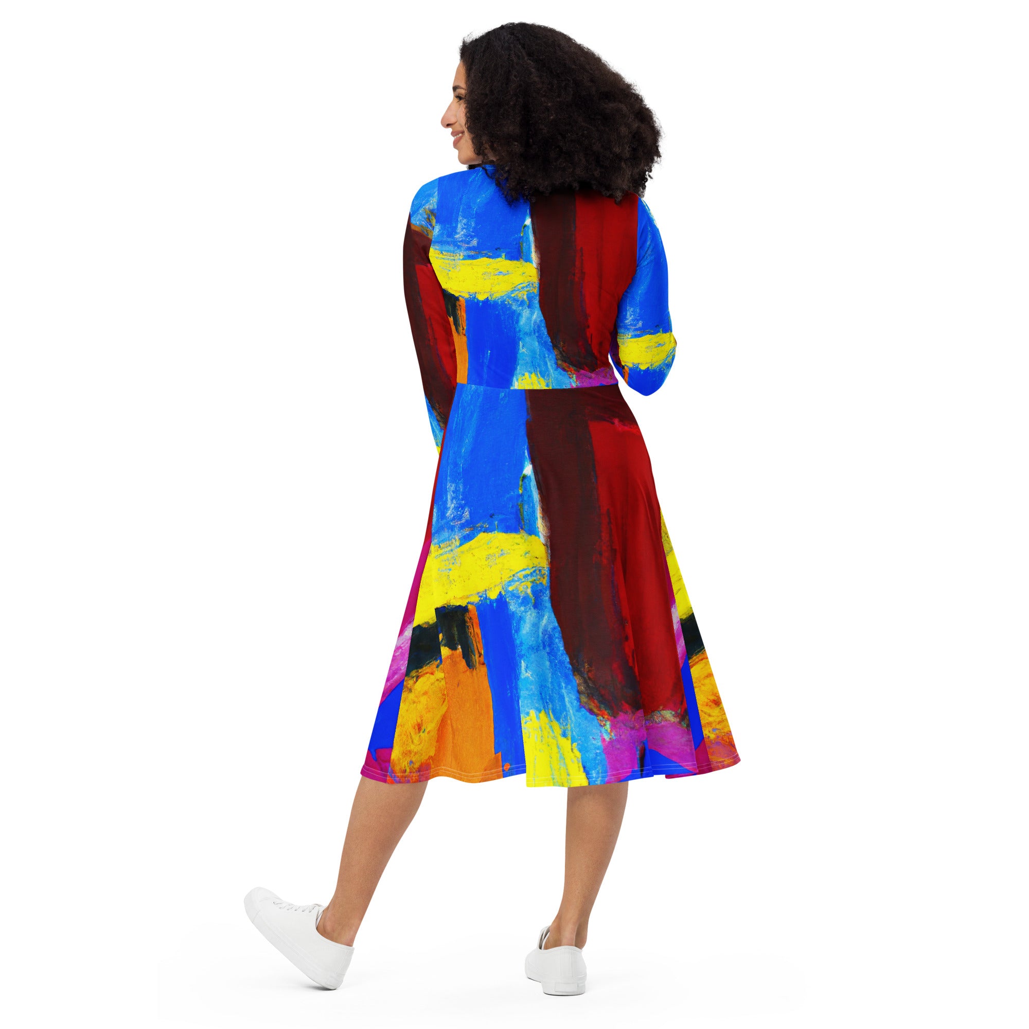 Womens Long Sleeve Midi Dress featuring a blue-red abstract pattern, showcasing a fitted waist, flared bottom, and side pockets.