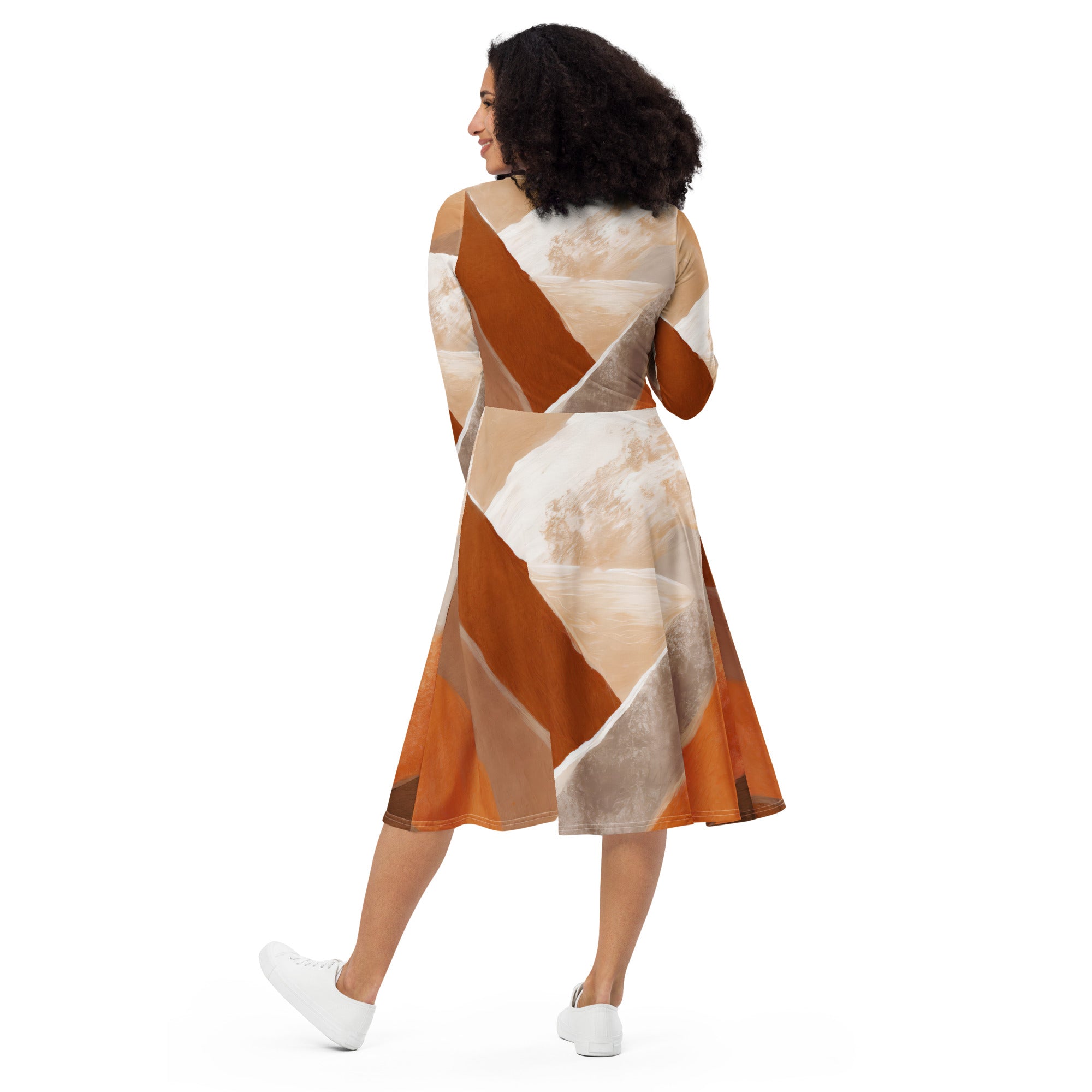 Womens Long Sleeve Midi Dress featuring a vibrant boho watercolor print, showcasing its fitted waist and flared bottom with side pockets.