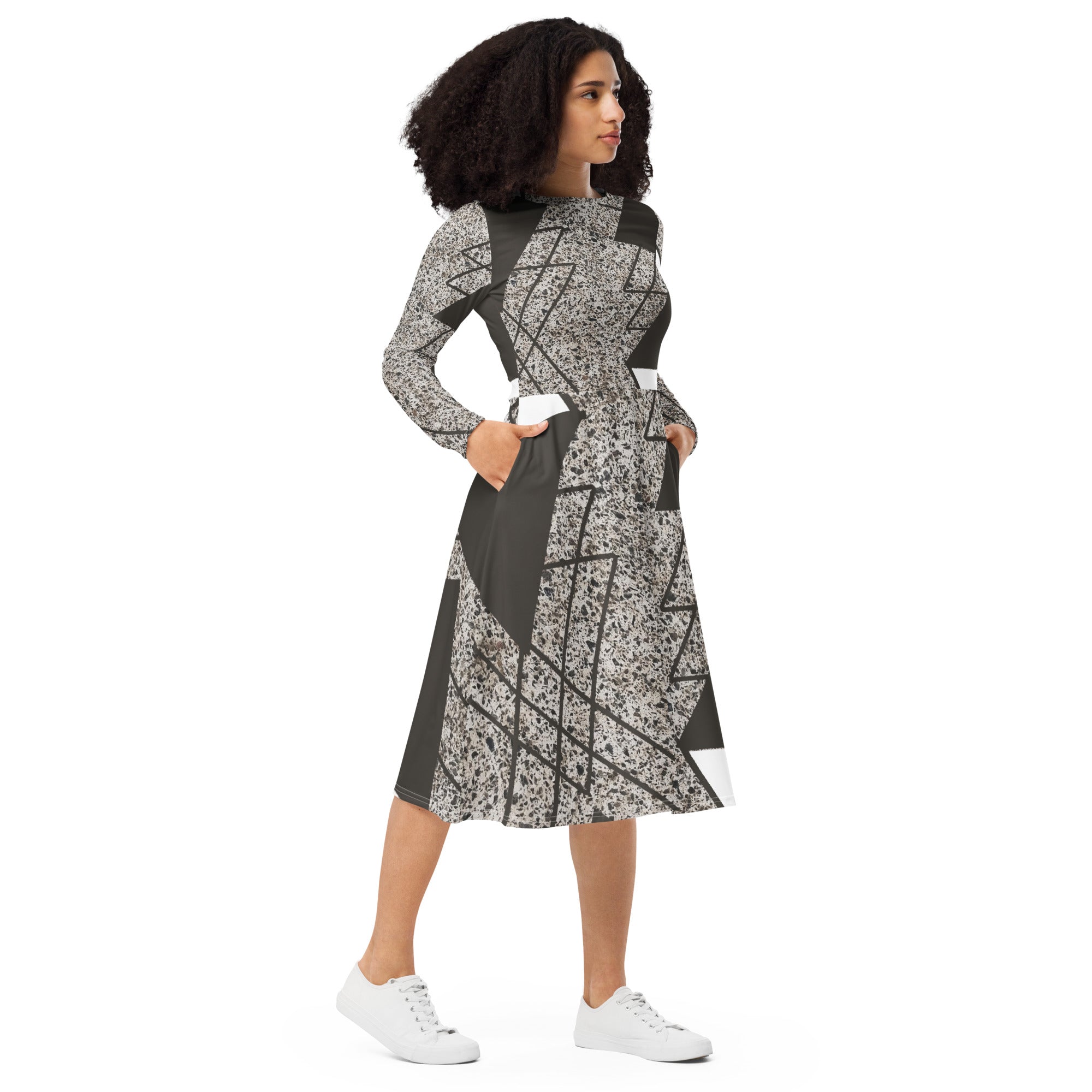 Womens Long Sleeve Midi Dress featuring a brown and white triangular colorblock design, showcasing its elegant silhouette and side pockets.