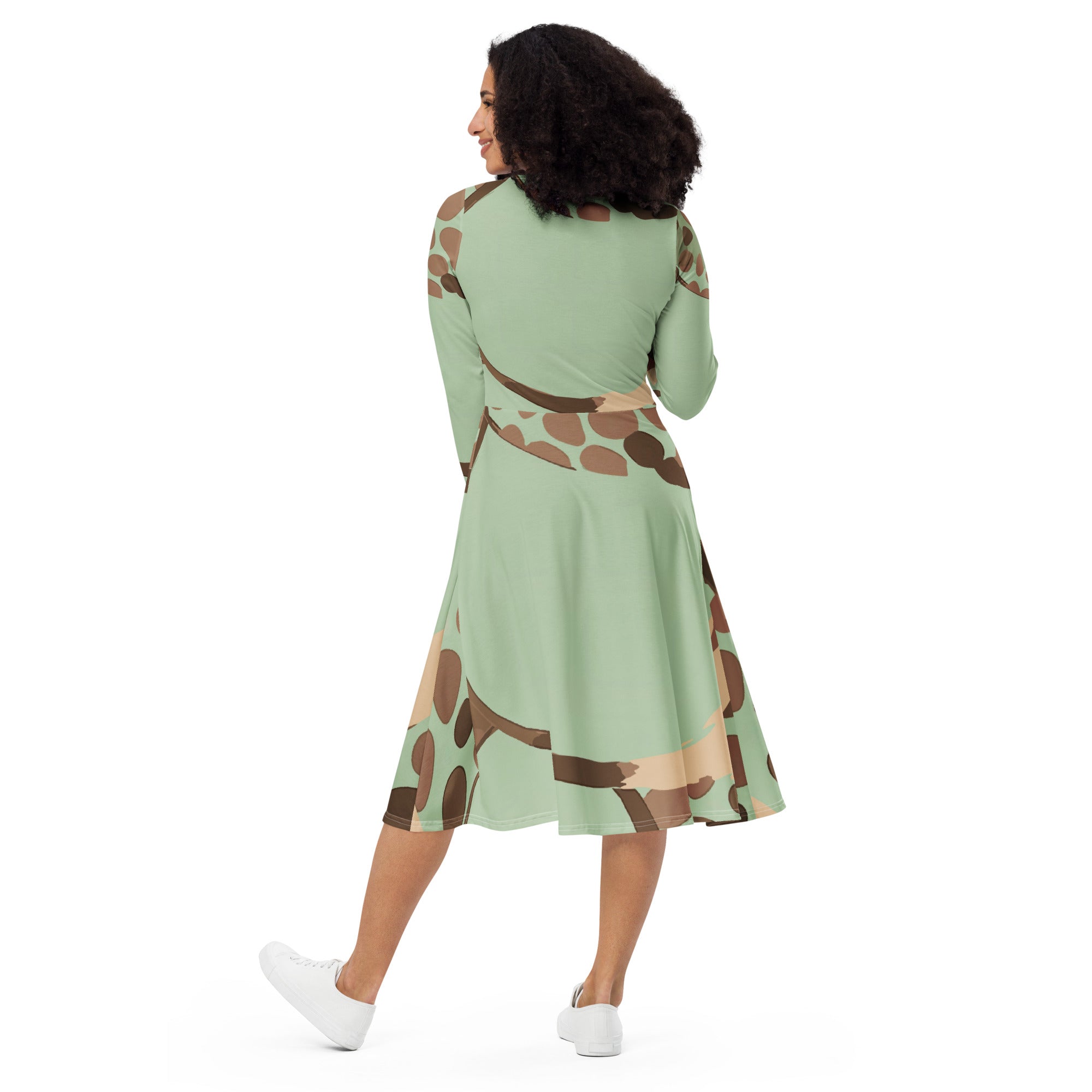 Womens Long Sleeve Midi Dress in green beige spotted print, featuring a boat neckline, long sleeves, and side pockets.