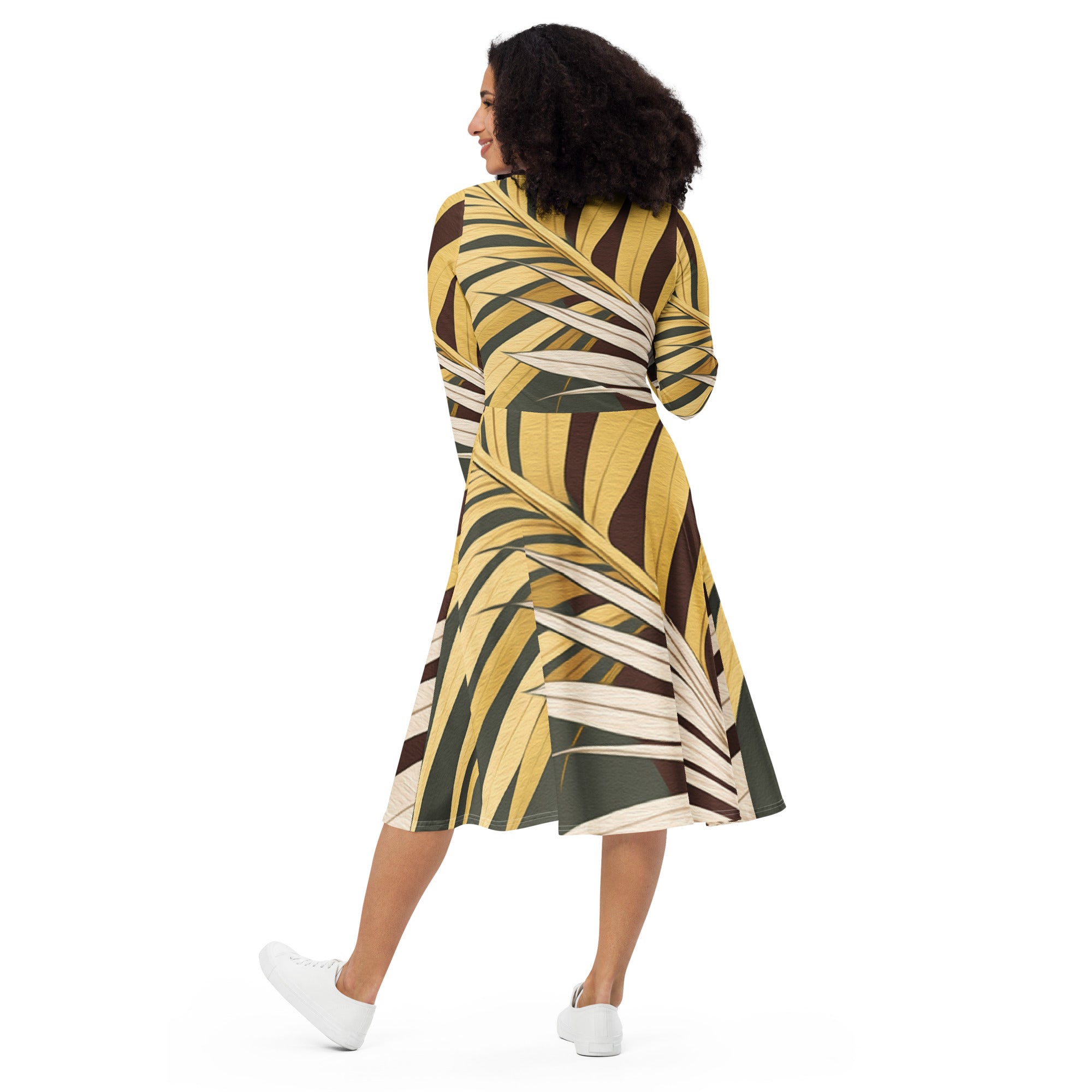 Womens Long Sleeve Midi Dress featuring a vibrant Palm Tree Leaves Pattern, showcasing a fitted waist and flared bottom with side pockets.