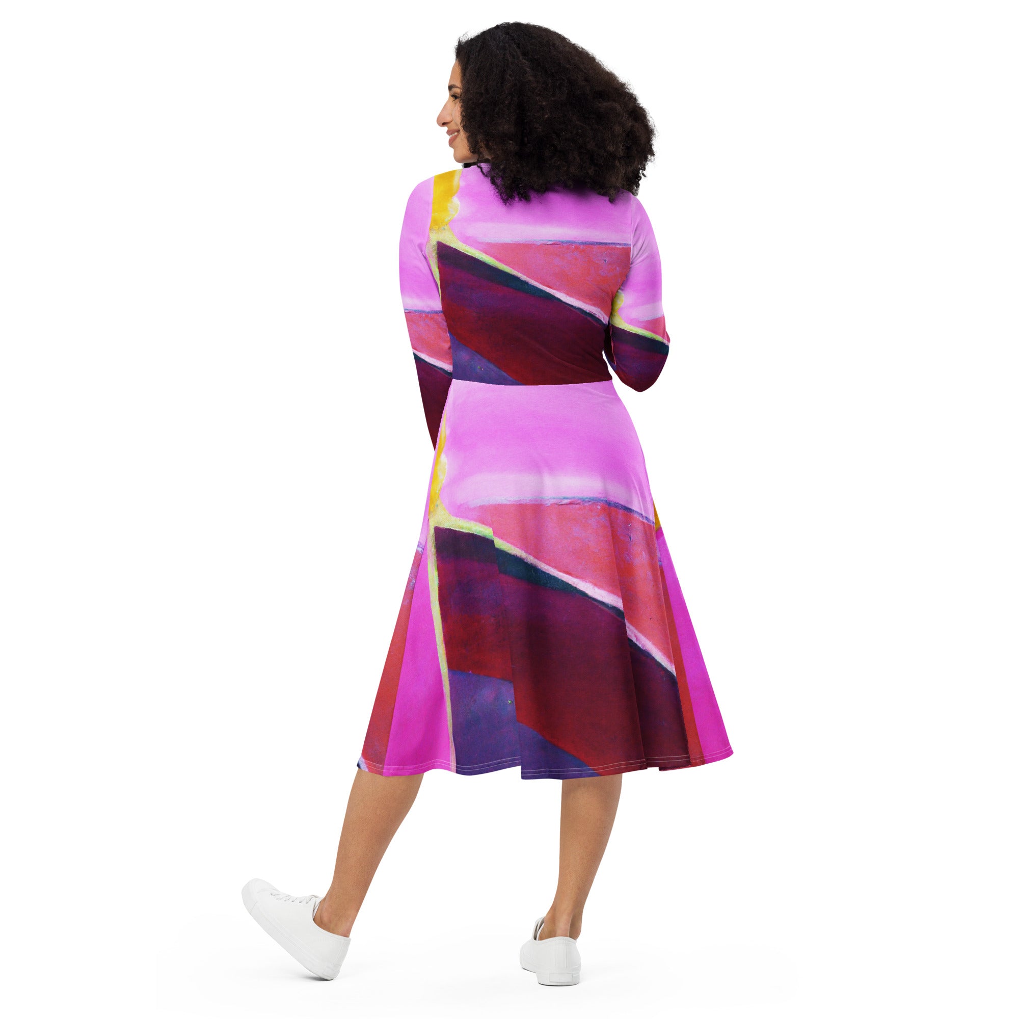Womens Long Sleeve Midi Dress featuring a pink and purple pattern, showcasing a fitted waist, flared bottom, and side pockets.