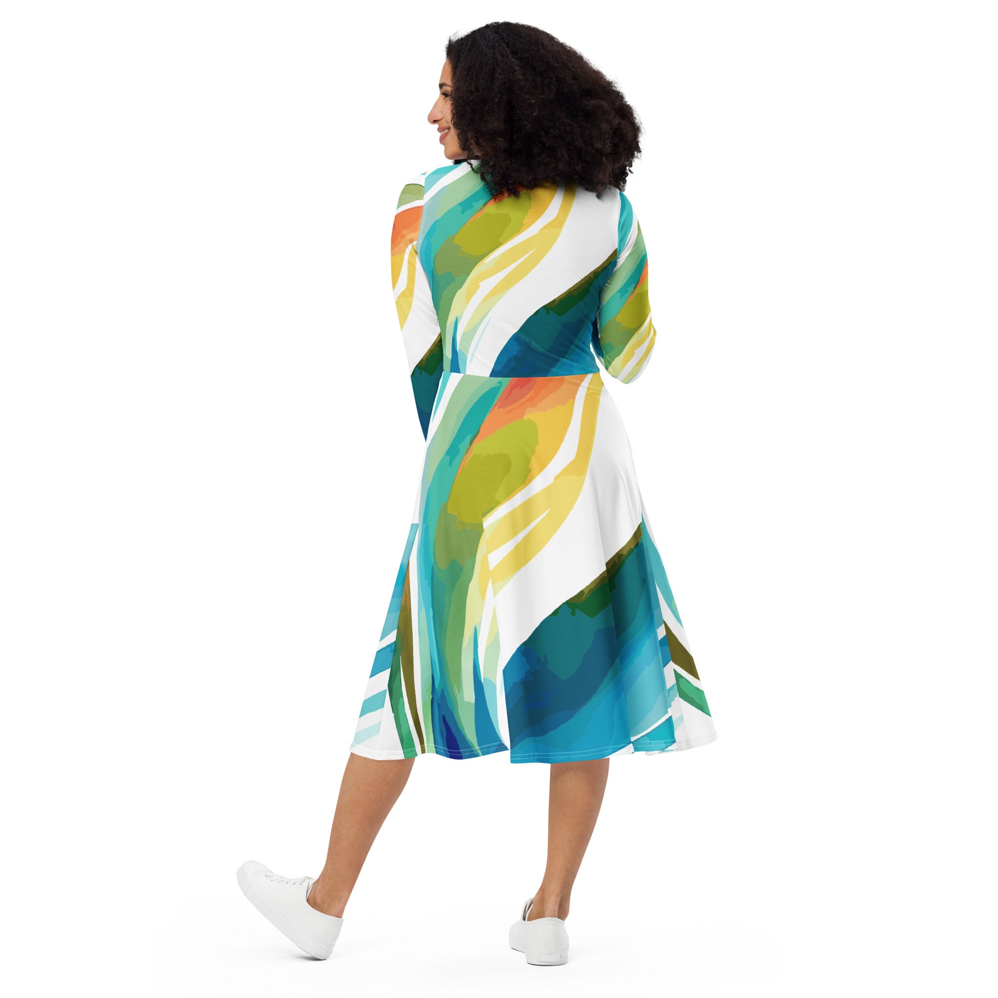 Womens Long Sleeve Midi Dress featuring Strength and Courage design, showcasing a fitted waist, flared bottom, and side pockets.