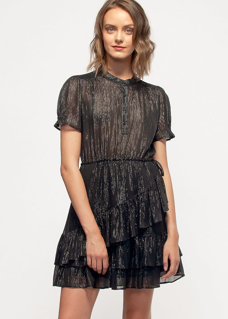 Women's black Lurex Yoryu ruffle dress featuring adjustable waist and gathered short sleeves.