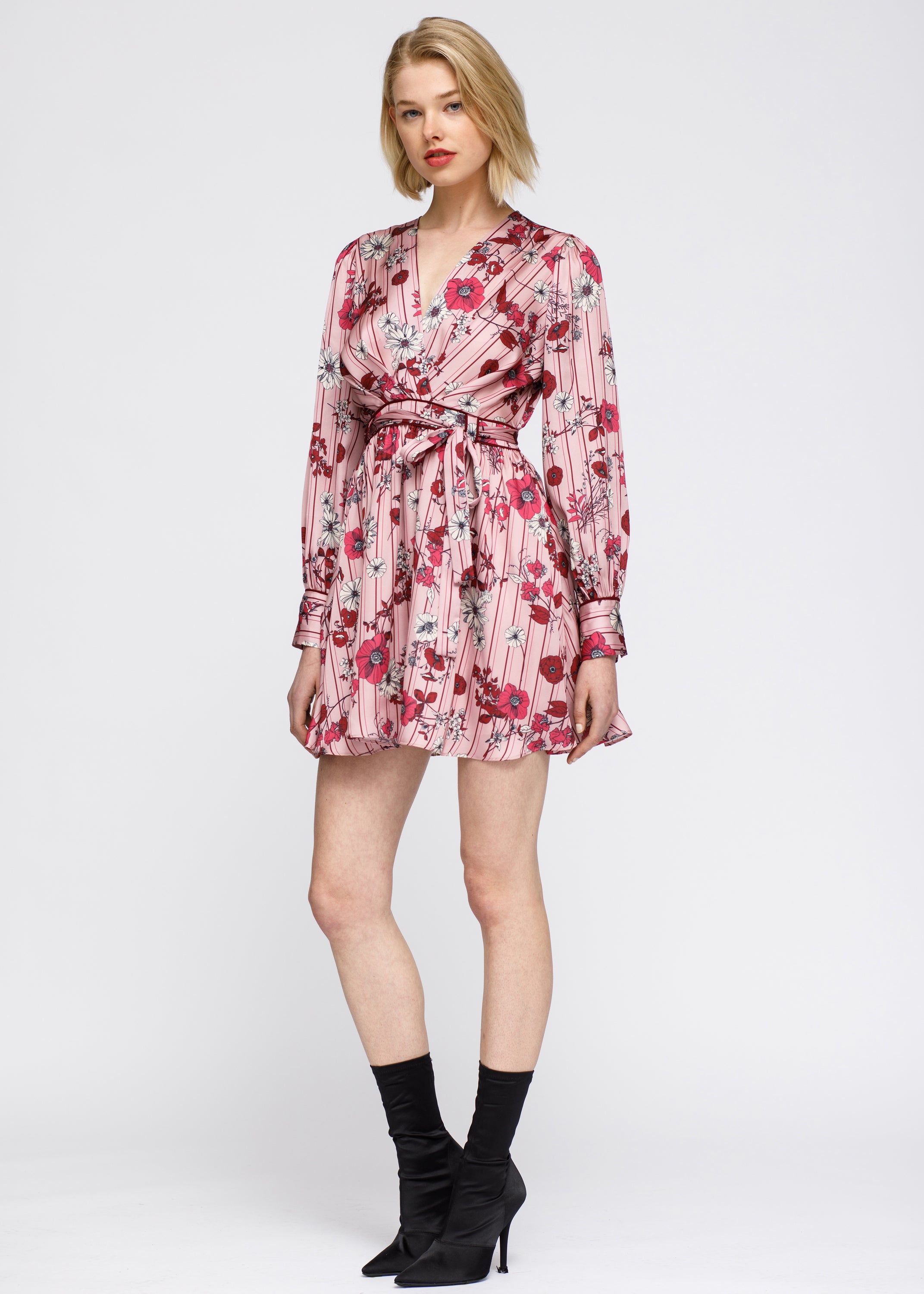 A vibrant Women's Pajama Floral Satin Wrap Front Flared Dress featuring a floral print and self-tie waist strap, perfect for casual outings.