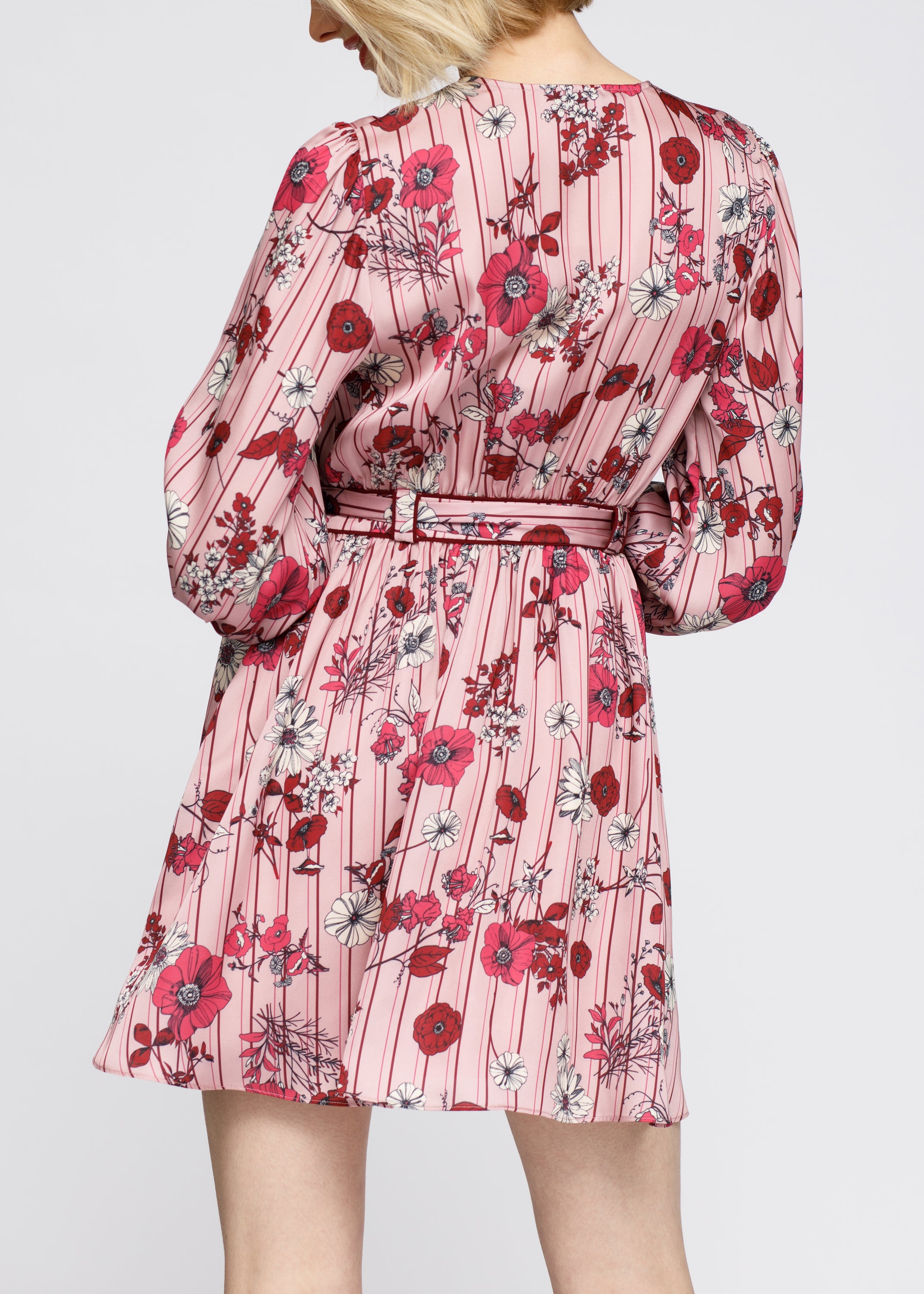 A vibrant Women's Pajama Floral Satin Wrap Front Flared Dress featuring a floral print and self-tie waist strap, perfect for casual outings.