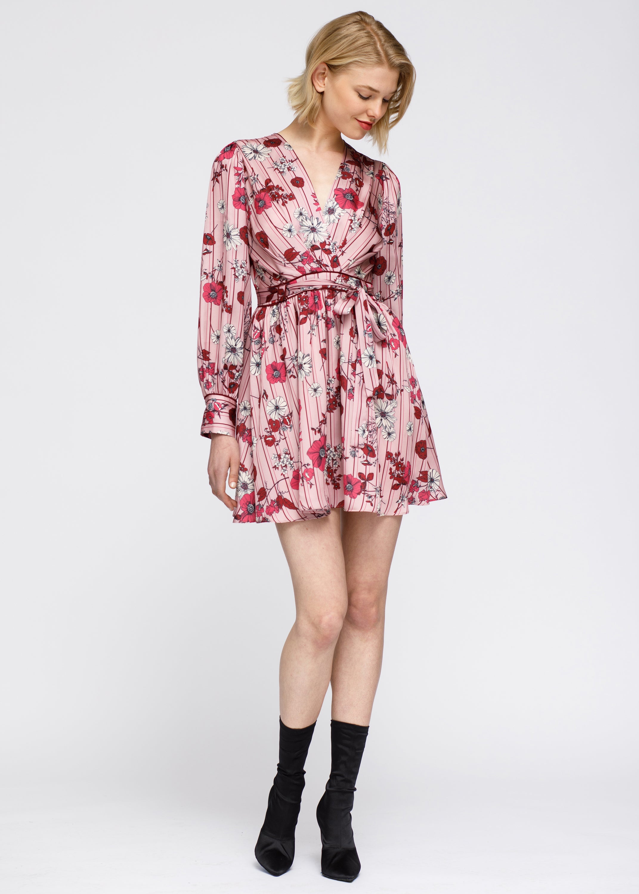 A vibrant Women's Pajama Floral Satin Wrap Front Flared Dress featuring a floral print and self-tie waist strap, perfect for casual outings.