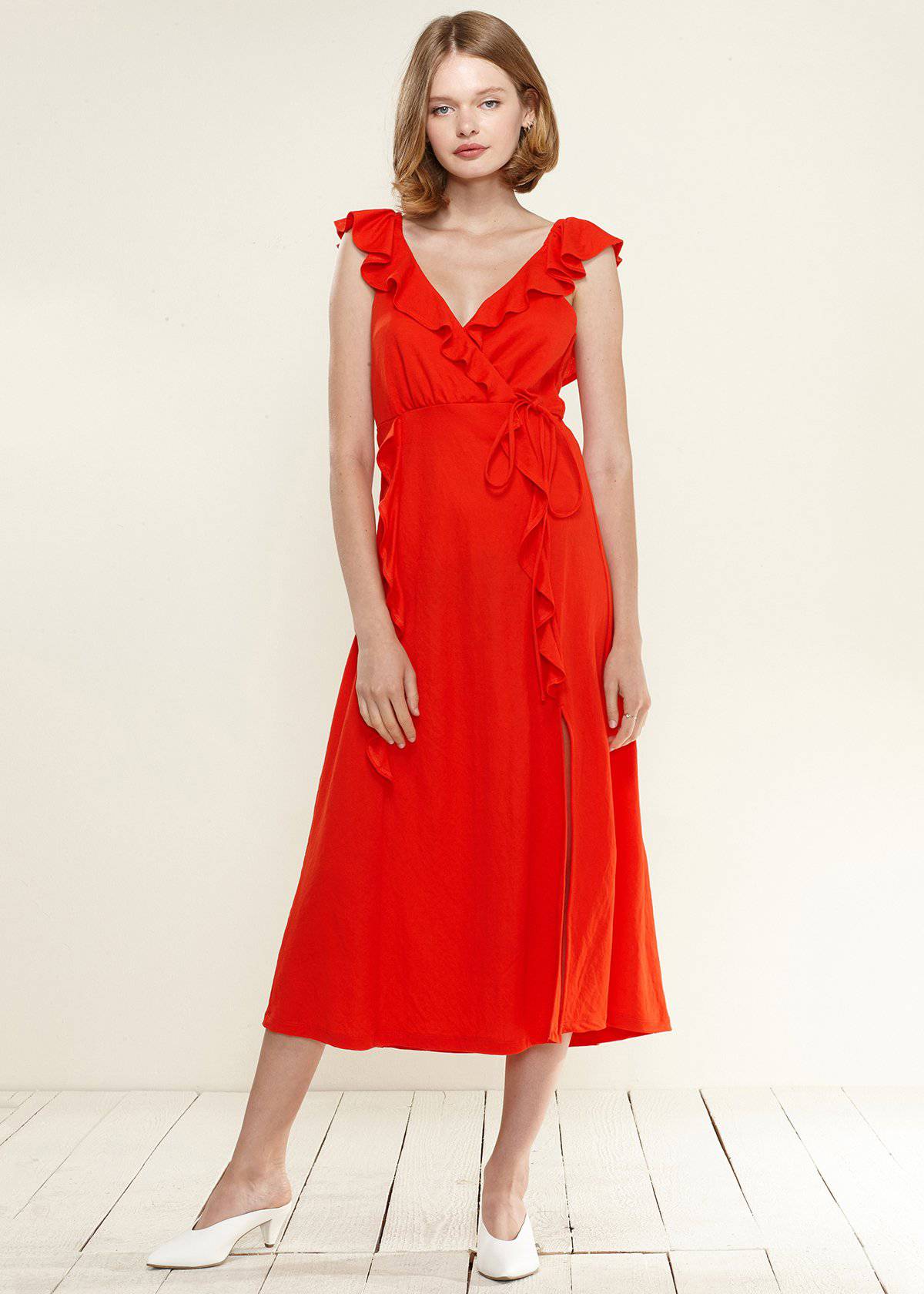 A vibrant red Women's Ruffle Trim Wrapped Maxi Dress featuring elegant ruffle details along the neckline, perfect for garden outings.
