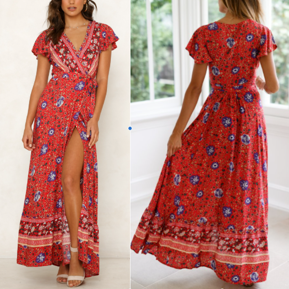 A vibrant Women's Wrap Style V Neck Floral Maxi Dress in red, featuring a floral pattern, perfect for summer outings and beach walks.