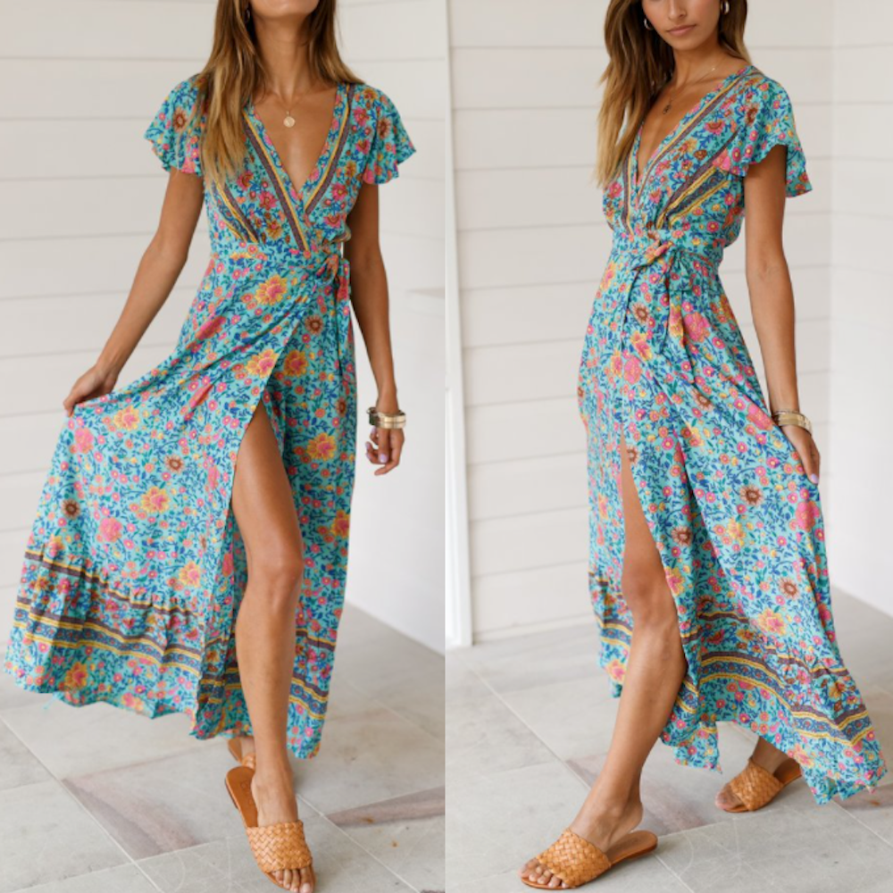 A vibrant Women's Wrap Style V Neck Floral Maxi Dress in red, featuring a floral pattern, perfect for summer outings and beach walks.