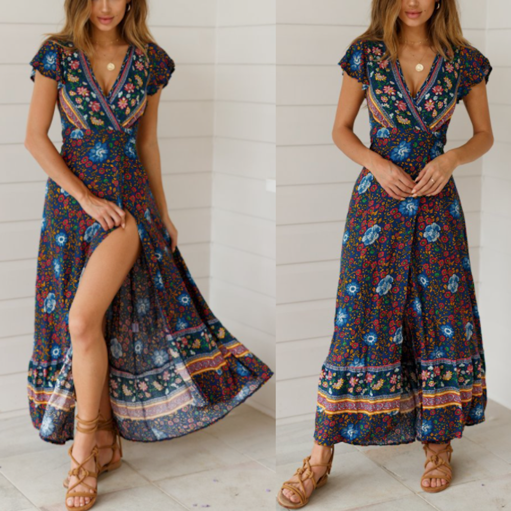 A vibrant Women's Wrap Style V Neck Floral Maxi Dress in red, featuring a floral pattern, perfect for summer outings and beach walks.