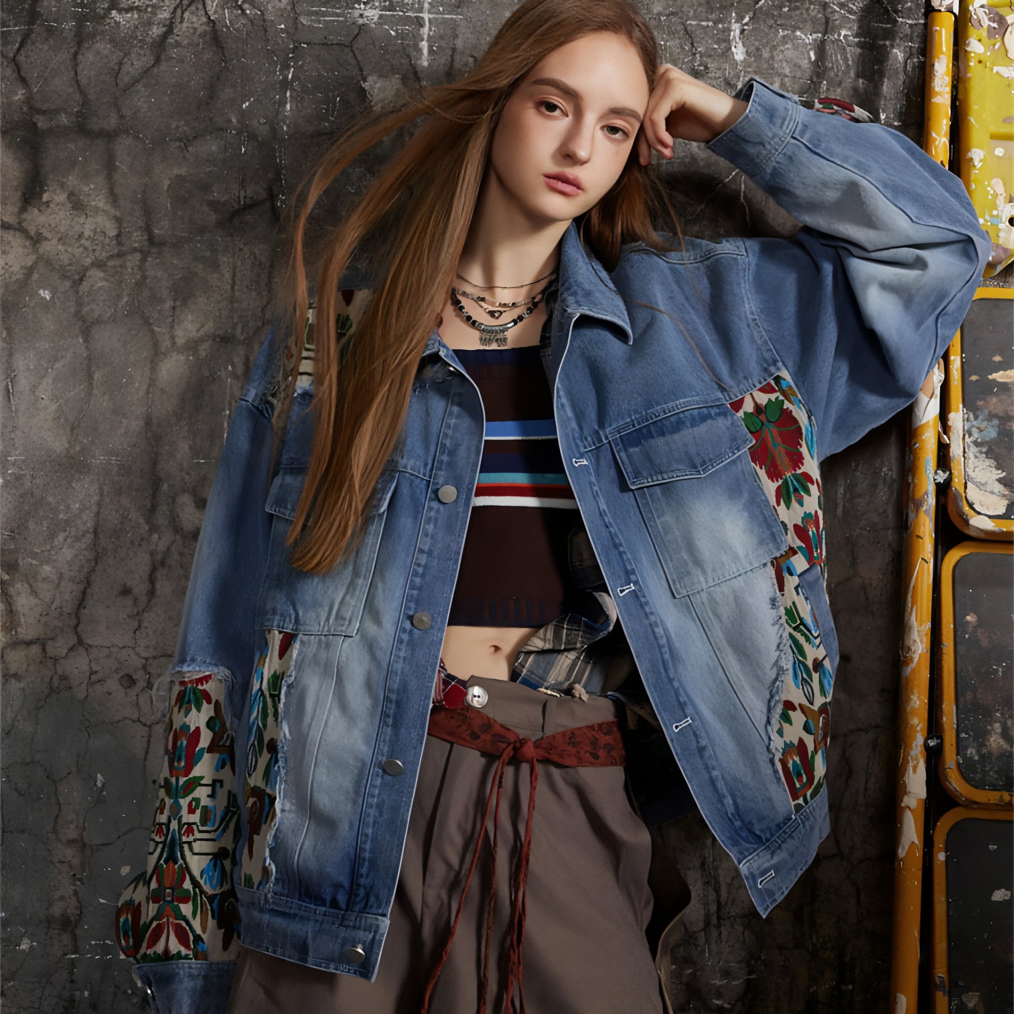 Main 1. Stitching Embroidery Frayed Hem Denim Jacket Women image