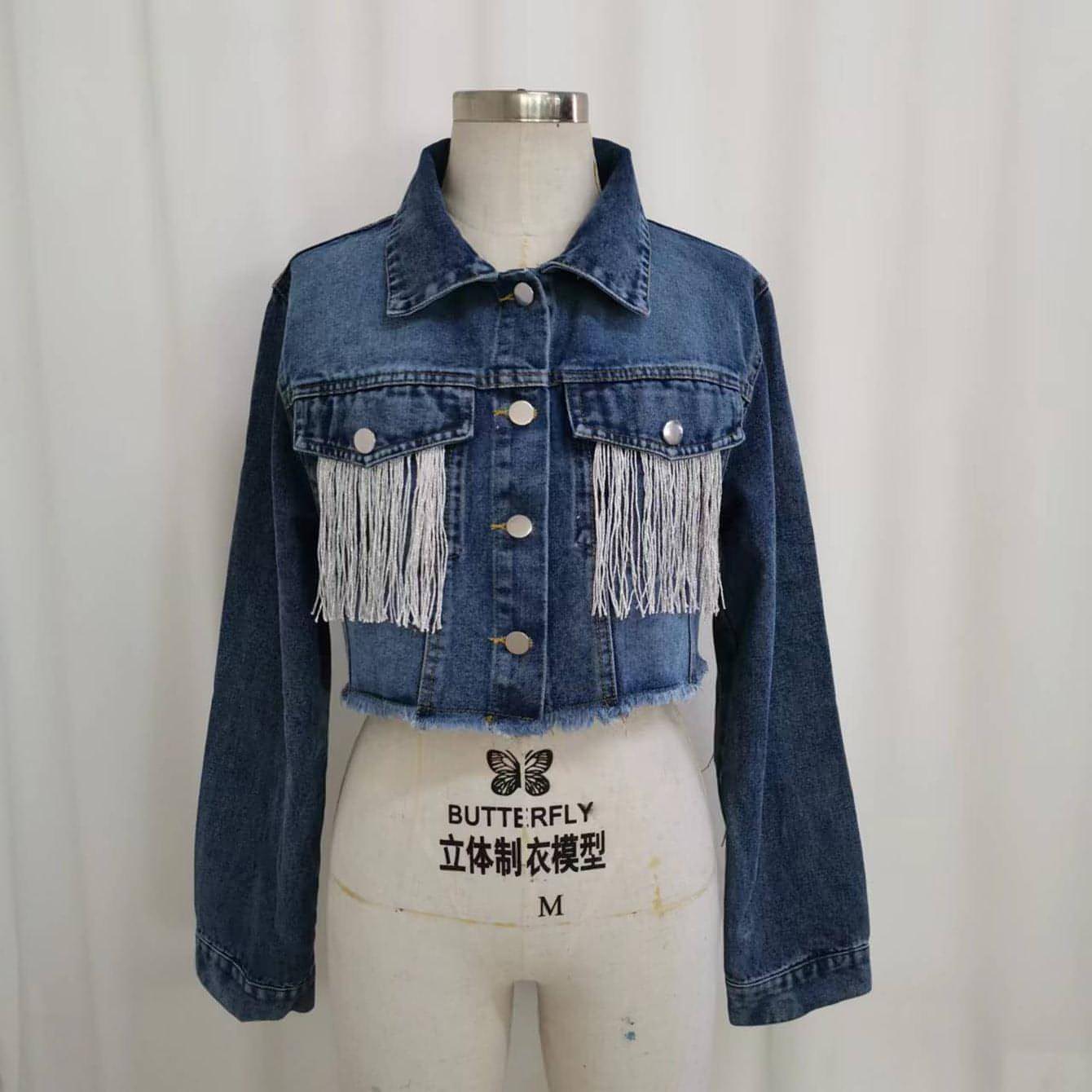 A stylish women's cowboy jacket featuring tassel stitching, perfect for various occasions.