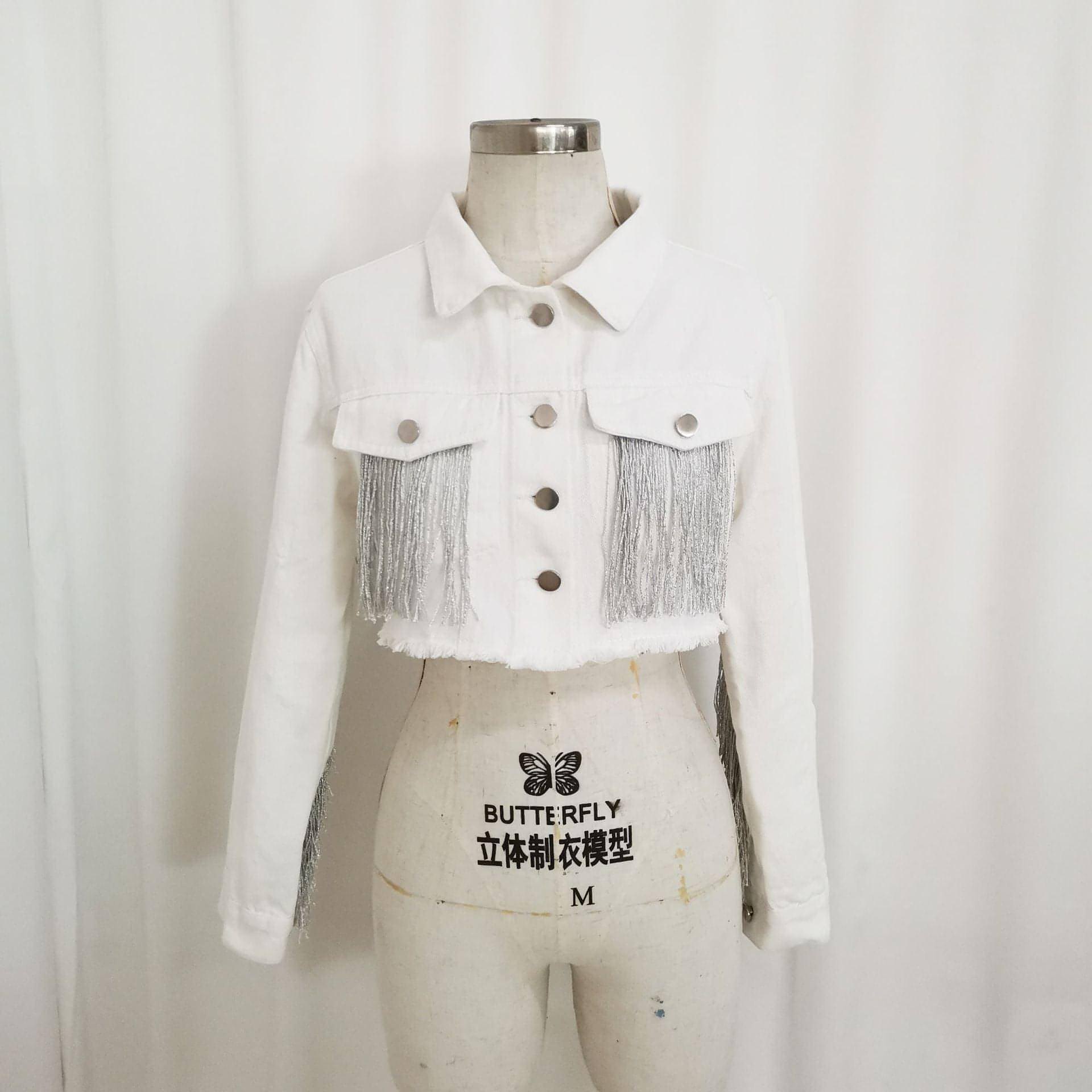 A stylish women's cowboy jacket featuring tassel stitching, perfect for various occasions.