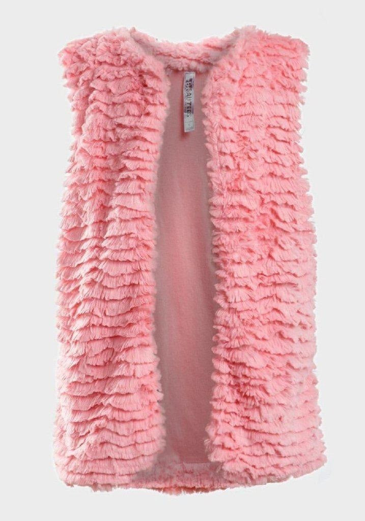 Beautees Girls Super Soft Bodywarmer Faux Fur Pink Gilet displayed on a mannequin, showcasing its soft texture and stylish open front design.