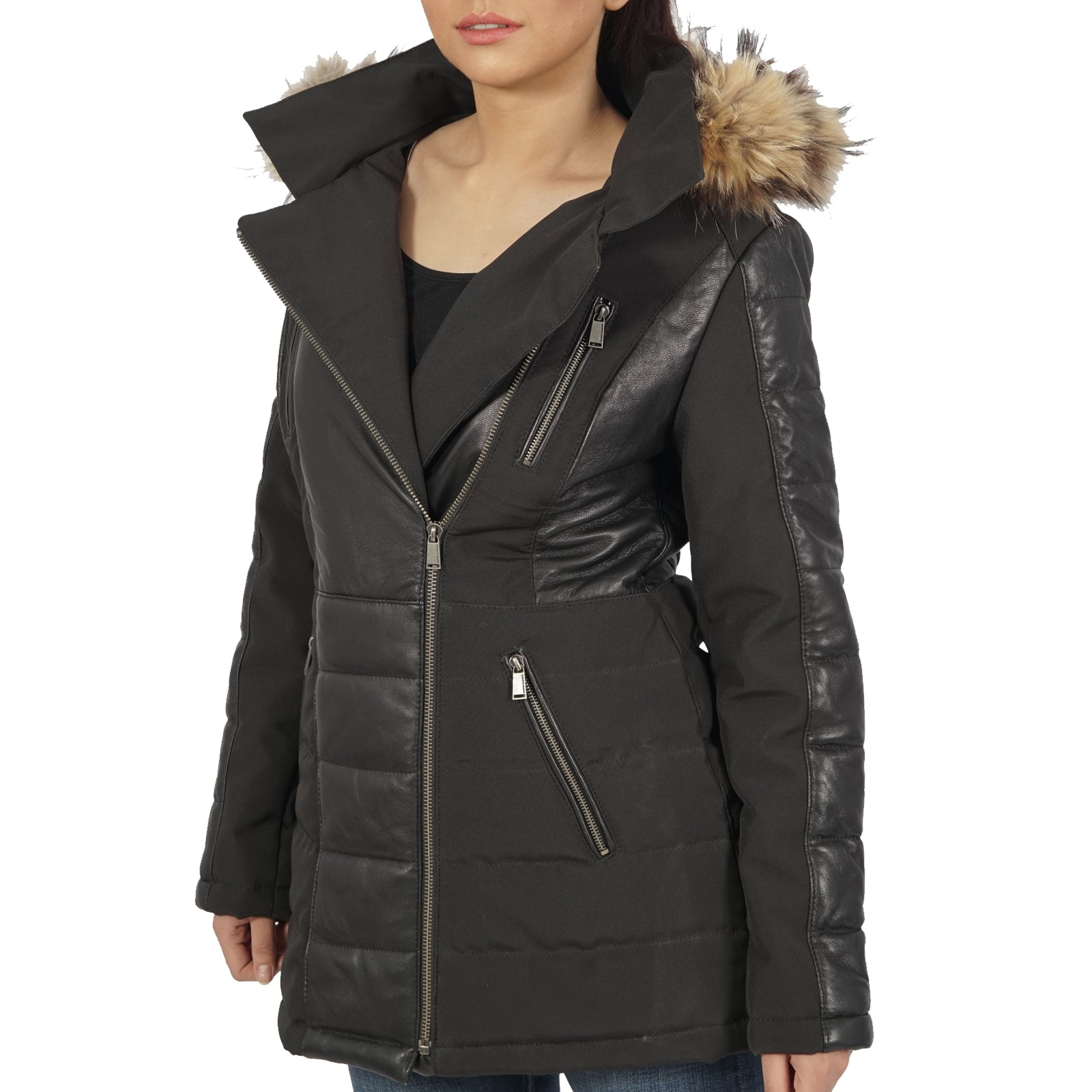 Bella Faux Fur Black Hooded Jacket with detachable hood and padded lining, showcasing a satin-like finish.