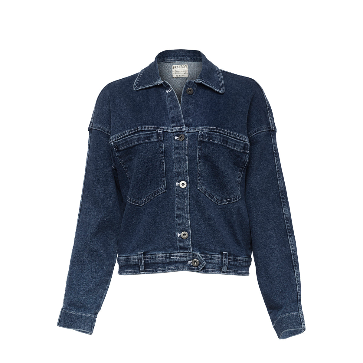 Biggdesign Katzen Denim Jacke für Frauen mit künstlerischem Design von Zeynep Pak, dunkelblau mit Metallknöpfen.