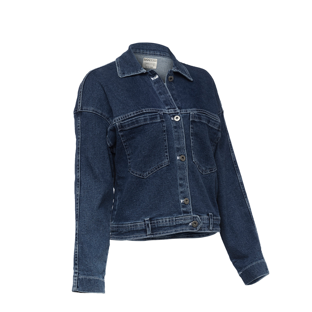 Biggdesign Katzen Denim Jacke für Frauen mit künstlerischem Design von Zeynep Pak, dunkelblau mit Metallknöpfen.