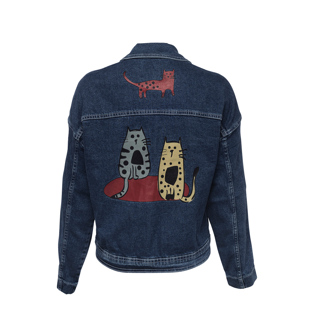 Biggdesign Katzen Denim Jacke für Frauen mit künstlerischem Design von Zeynep Pak, dunkelblau mit Metallknöpfen.