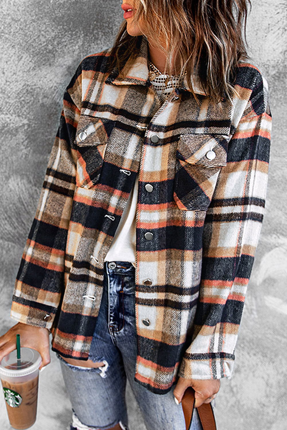 A cozy Blue Geometric Plaid Shacket featuring a button front, large pockets, and long sleeves, perfect for fall and winter wear.