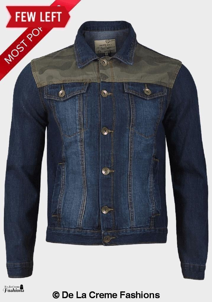 Brave Soul Men's Camo Print Denim Jacket featuring a camouflage yoke and button-through fastening, perfect for casual wear.