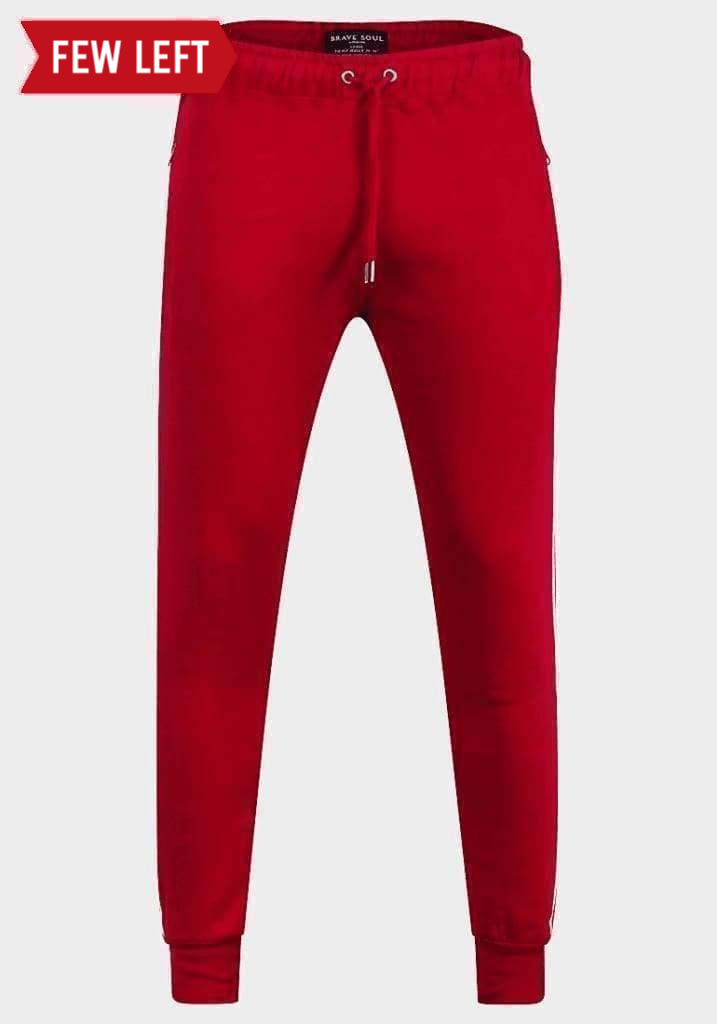 Brave Soul Men's Red Piping Detail Slim Fit Joggers featuring a soft fleece interior, custom drawstring, and stylish red piping.
