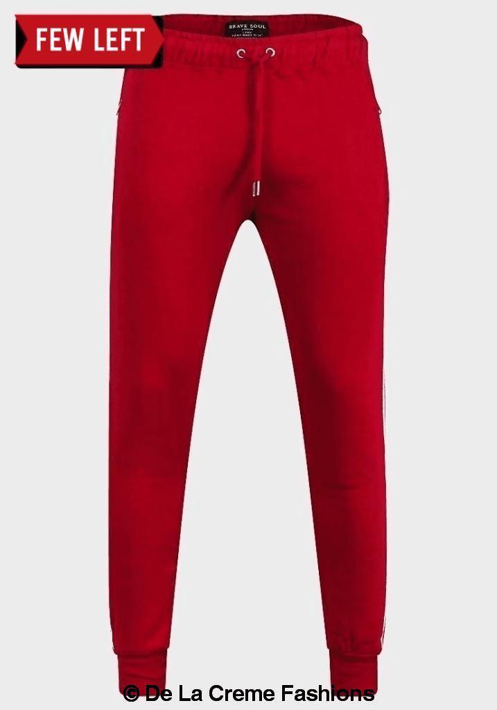 Brave Soul Men's Red Piping Detail Slim Fit Joggers featuring a soft fleece interior, custom drawstring, and stylish red piping.