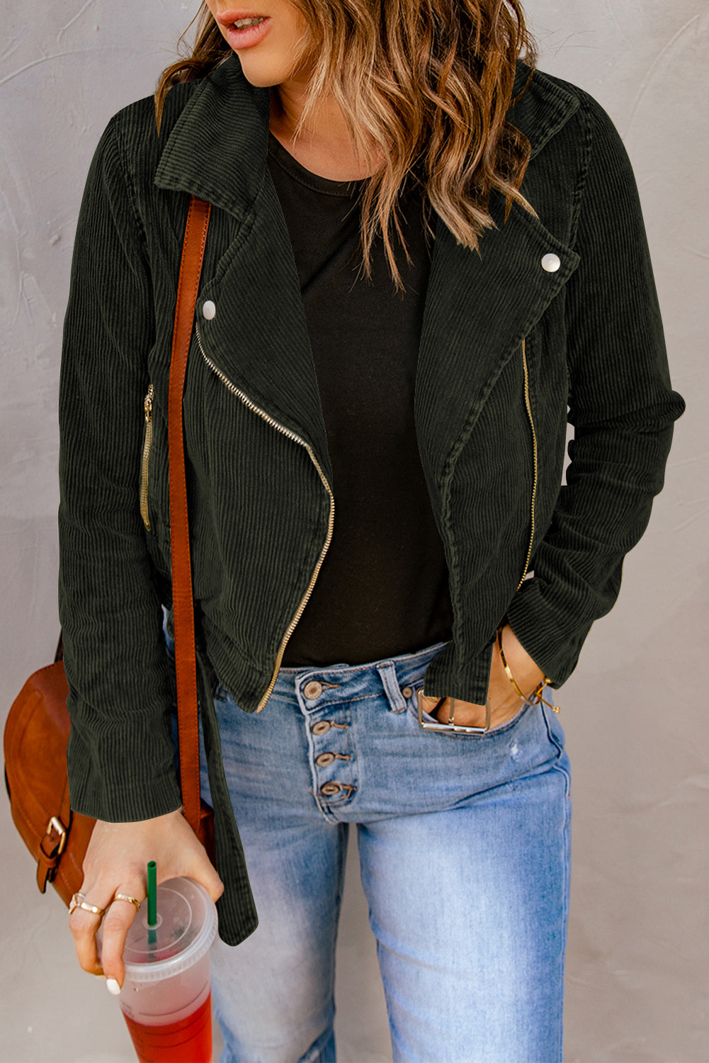 Buckle Belted Zip Up Corduroy Jacket in a trendy cropped design, showcasing its stylish buckle and soft corduroy texture.