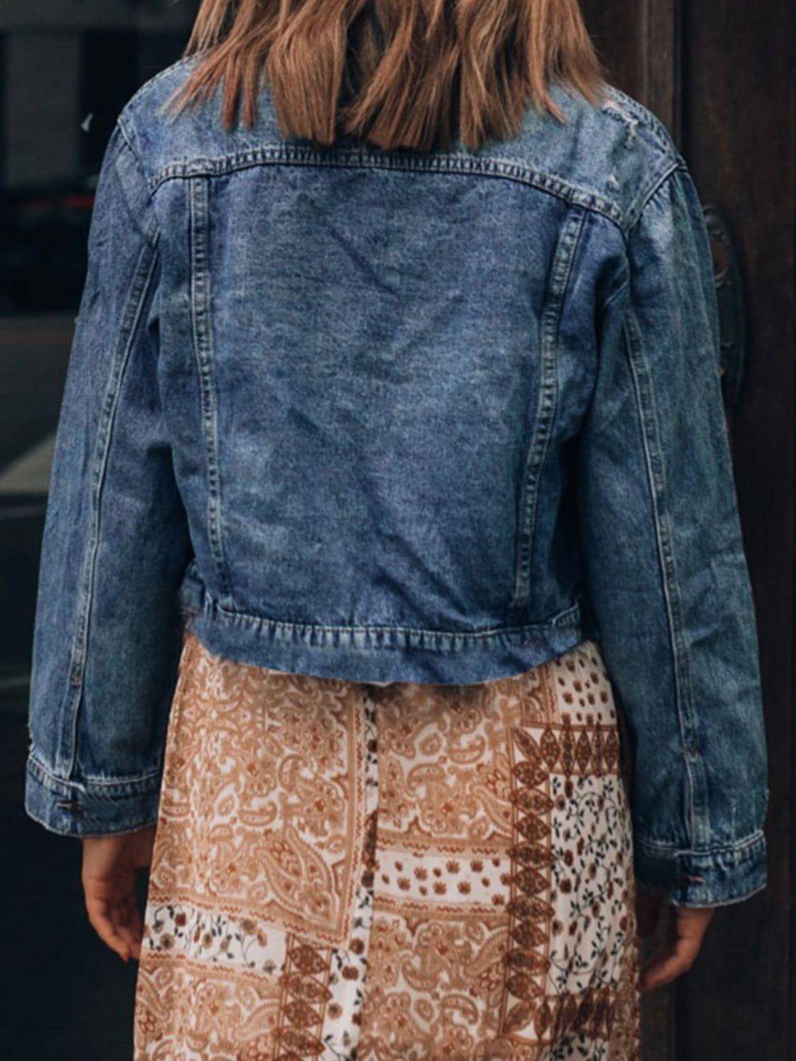 Main Button Up  Collared Neck Distressed Denim Jacket image